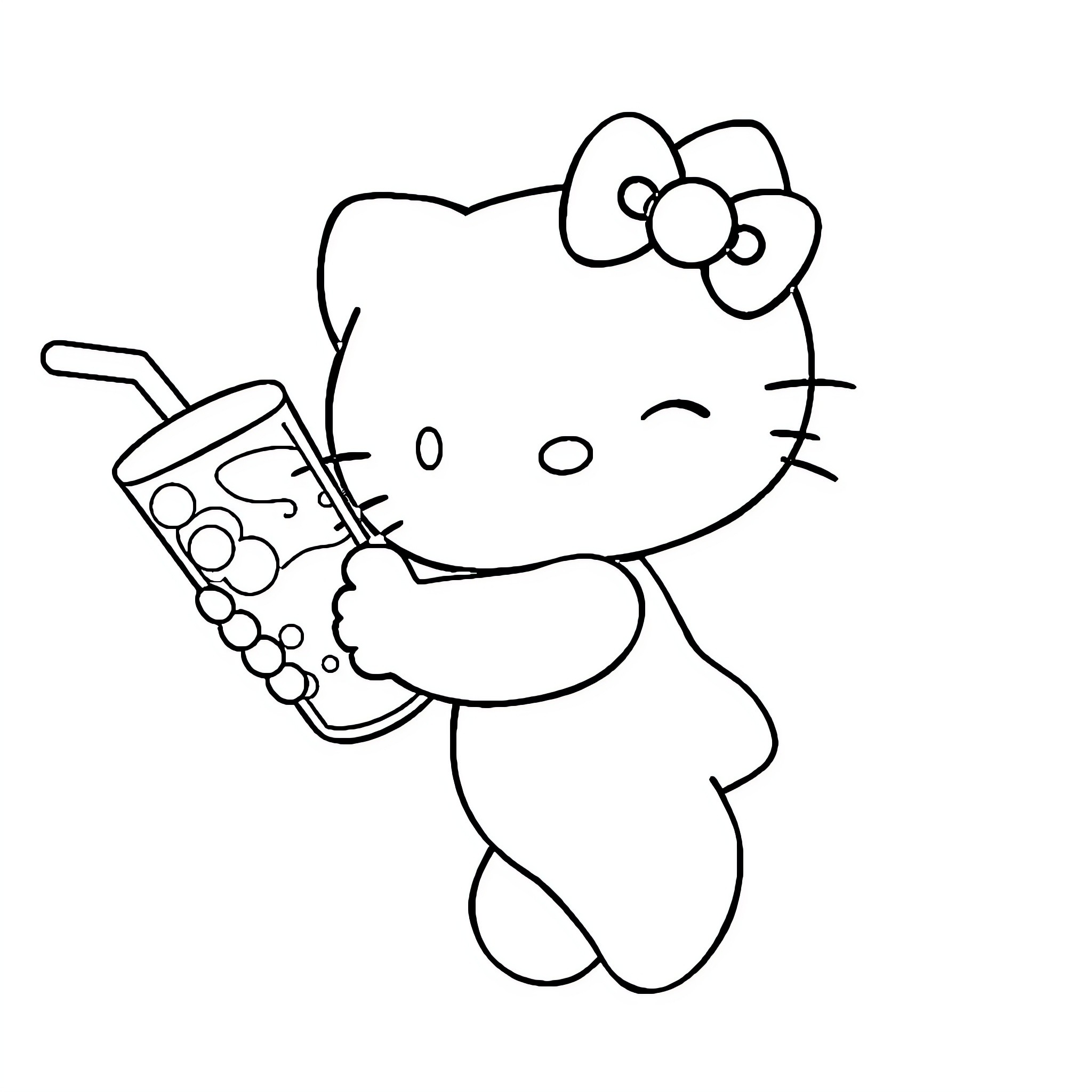 Hello Kitty enjoying a refreshing drink Coloring Page (free black-and-white line drawing printable PDF for all, from beginners to advanced learners, including children, teens, adults, and seniors)
