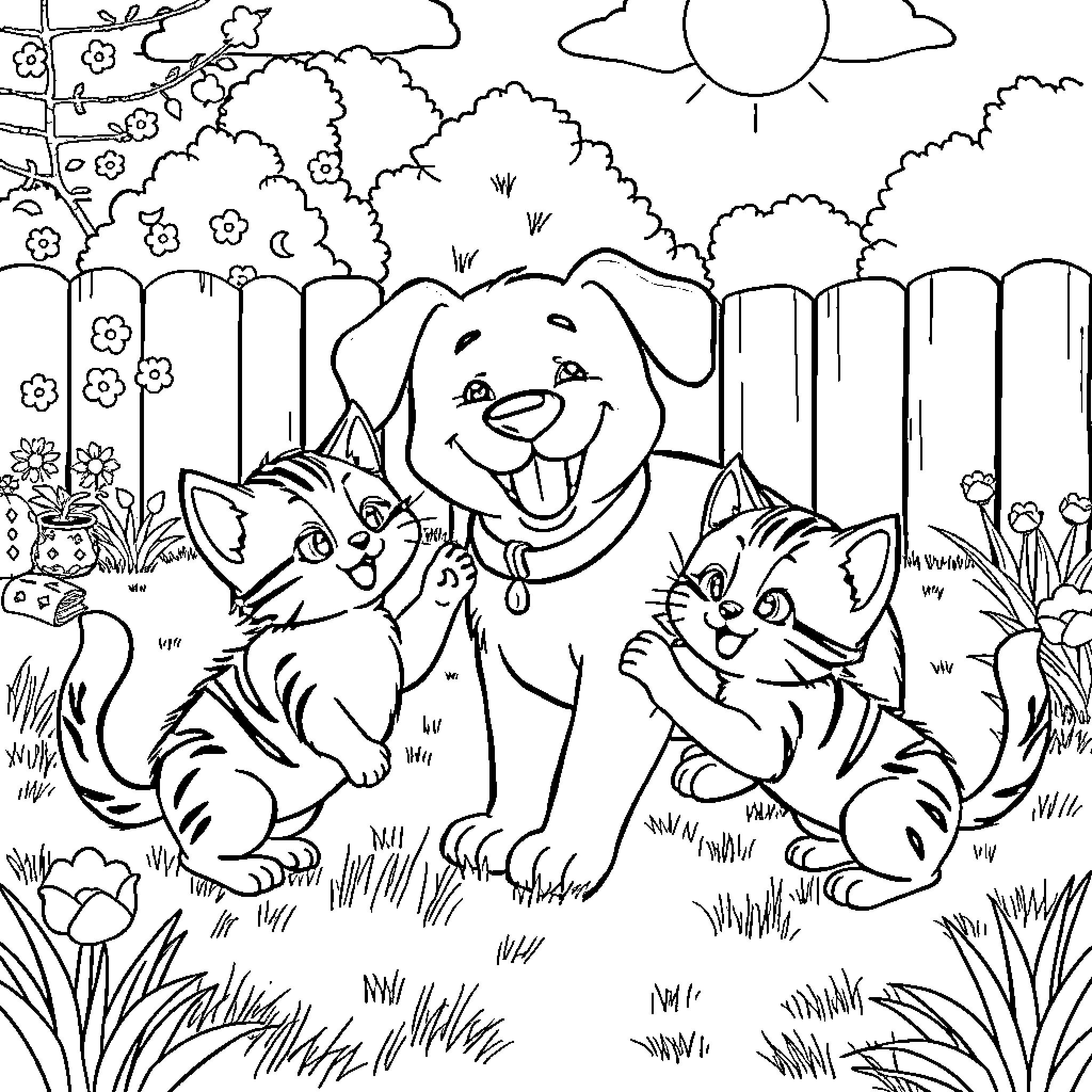 Kitty Companions Frolicking in the Garden Coloring Page (free black-and-white line drawing printable PDF for all, from beginners to advanced learners, including children, teens, adults, and seniors)