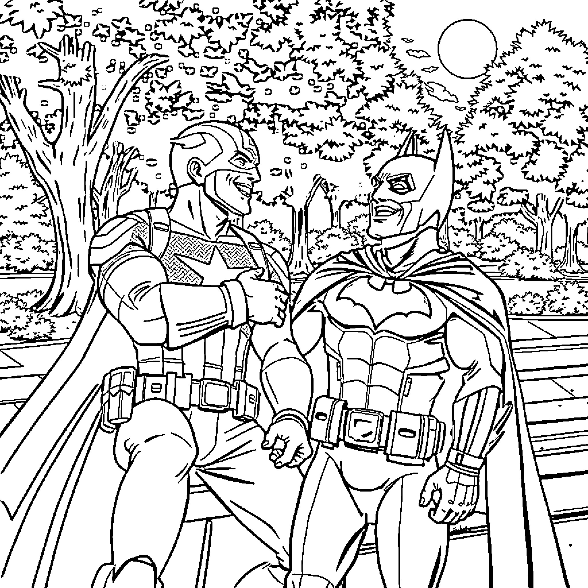 Captain America and Batman Standing Together in the Park Coloring Page (free black-and-white line drawing printable PDF for all, from beginners to advanced learners, including children, teens, adults, and seniors)