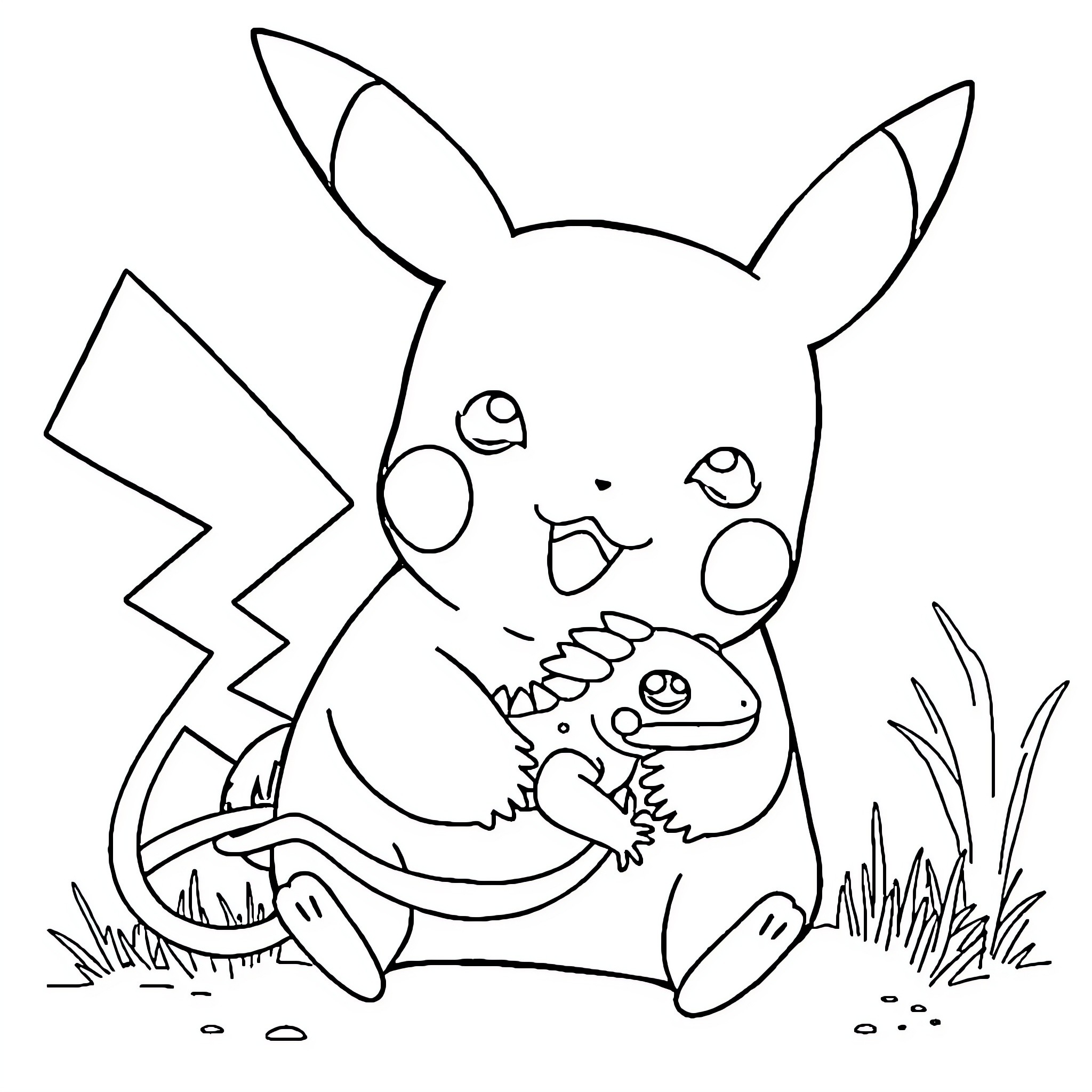 Pikachu playing with a lizard Coloring Page (free black-and-white line drawing printable PDF for all, from beginners to advanced learners, including children, teens, adults, and seniors)