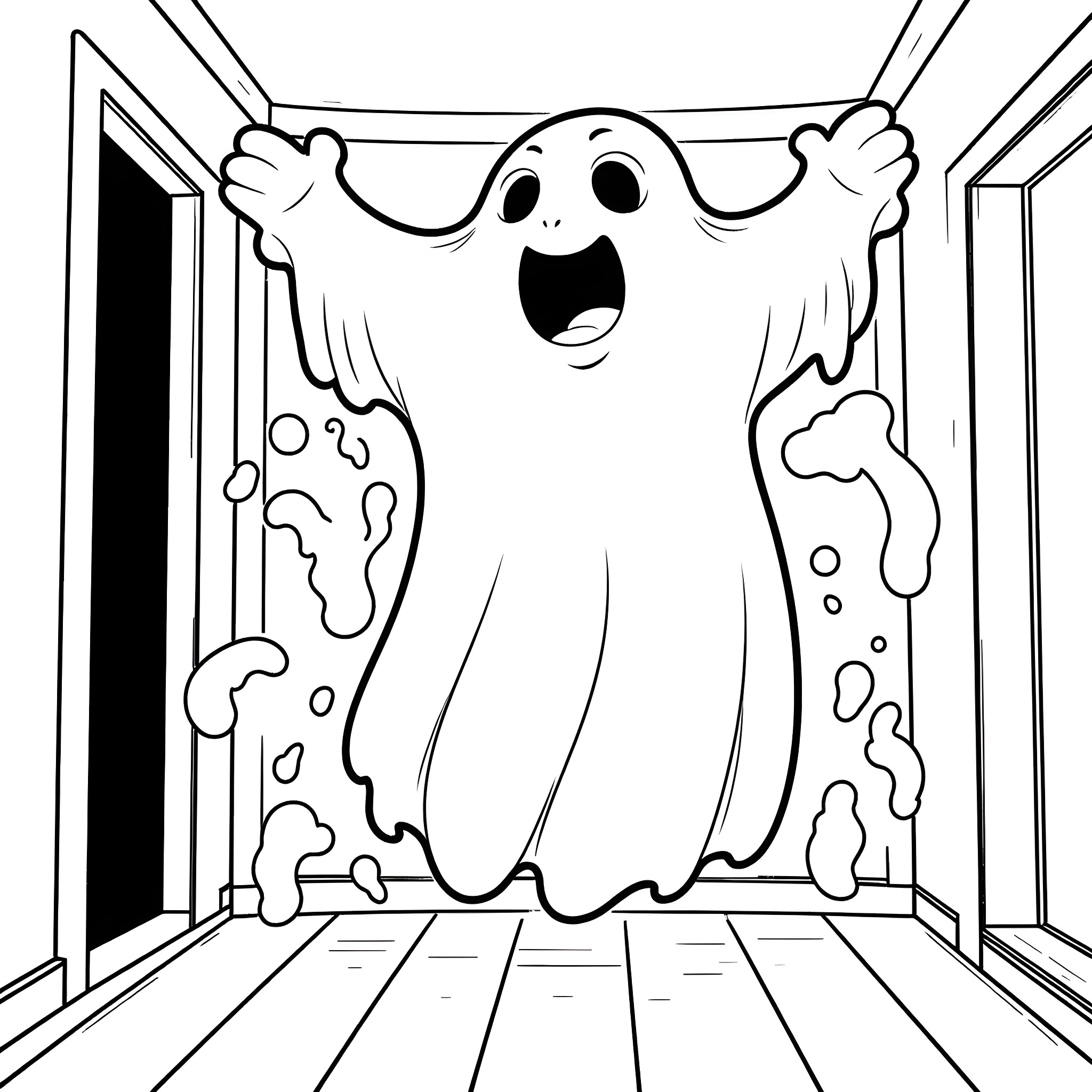 Ghost delightfully emerging from an open doorway Coloring Page (free black-and-white line drawing printable PDF for all, from beginners to advanced learners, including children, teens, adults, and seniors)