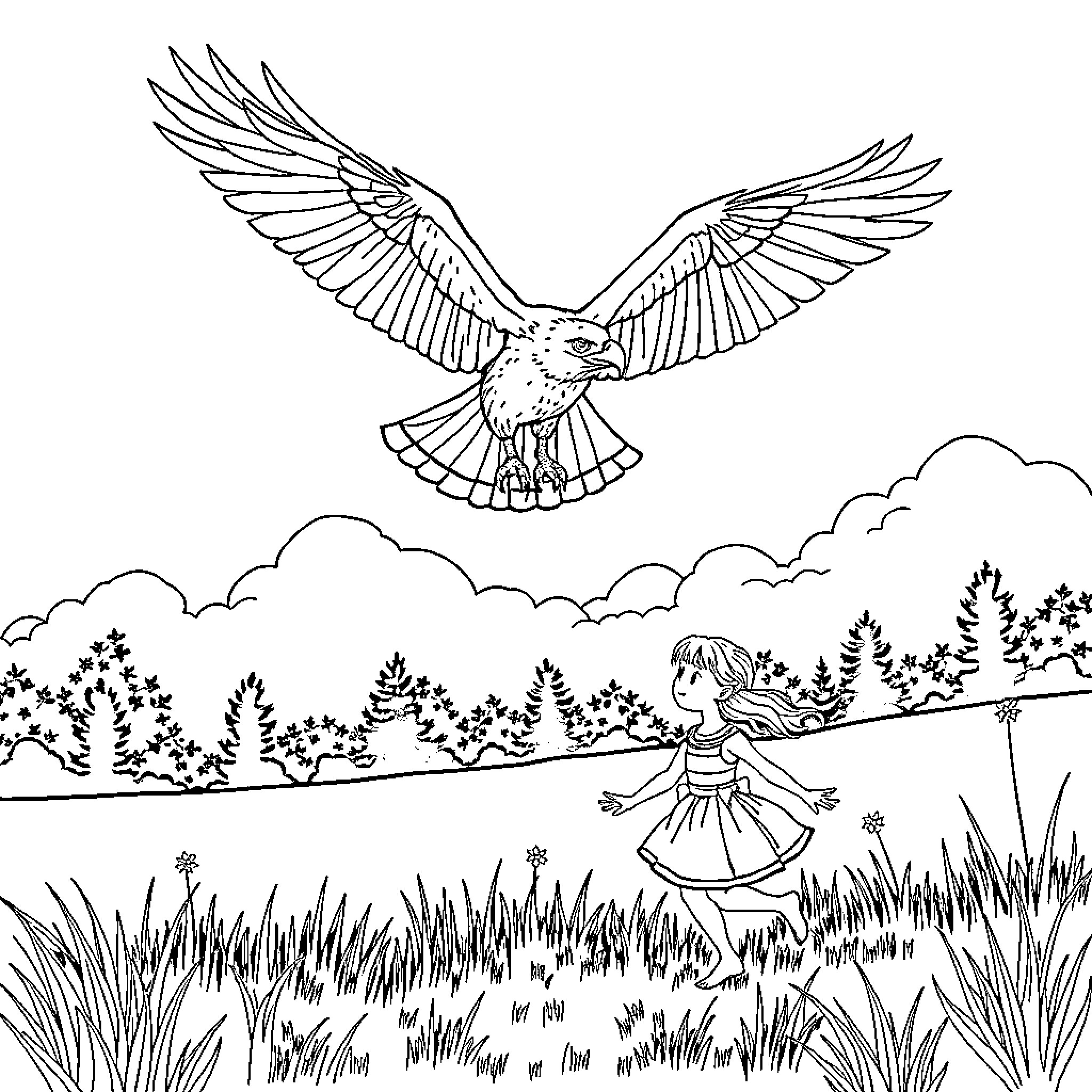 Hawk soaring gracefully over a woodland scene Coloring Page (free black-and-white line drawing printable PDF for all, from beginners to advanced learners, including children, teens, adults, and seniors)