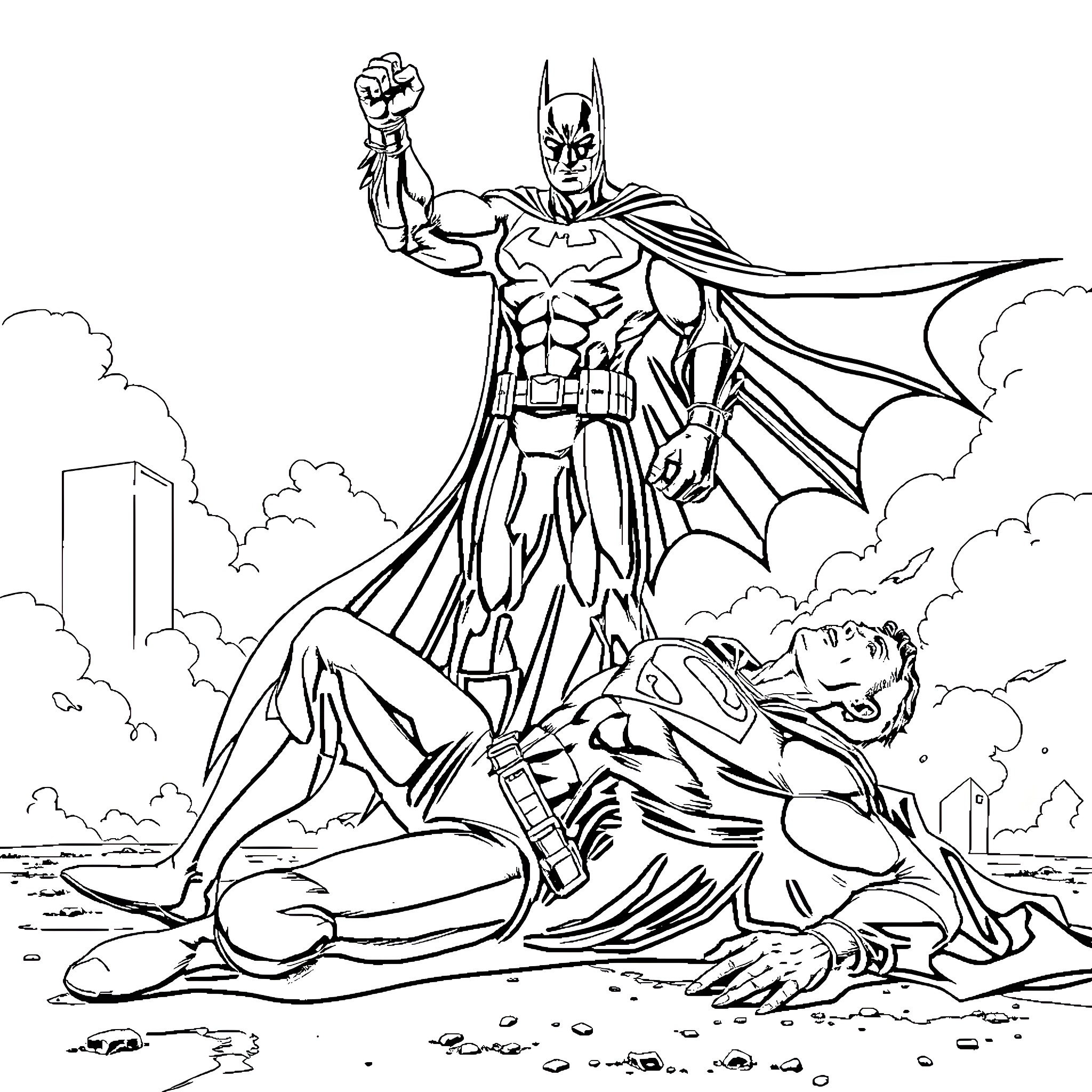 Batman Triumphing Over Villainous Foe Coloring Page (free black-and-white line drawing printable PDF for all, from beginners to advanced learners, including children, teens, adults, and seniors)