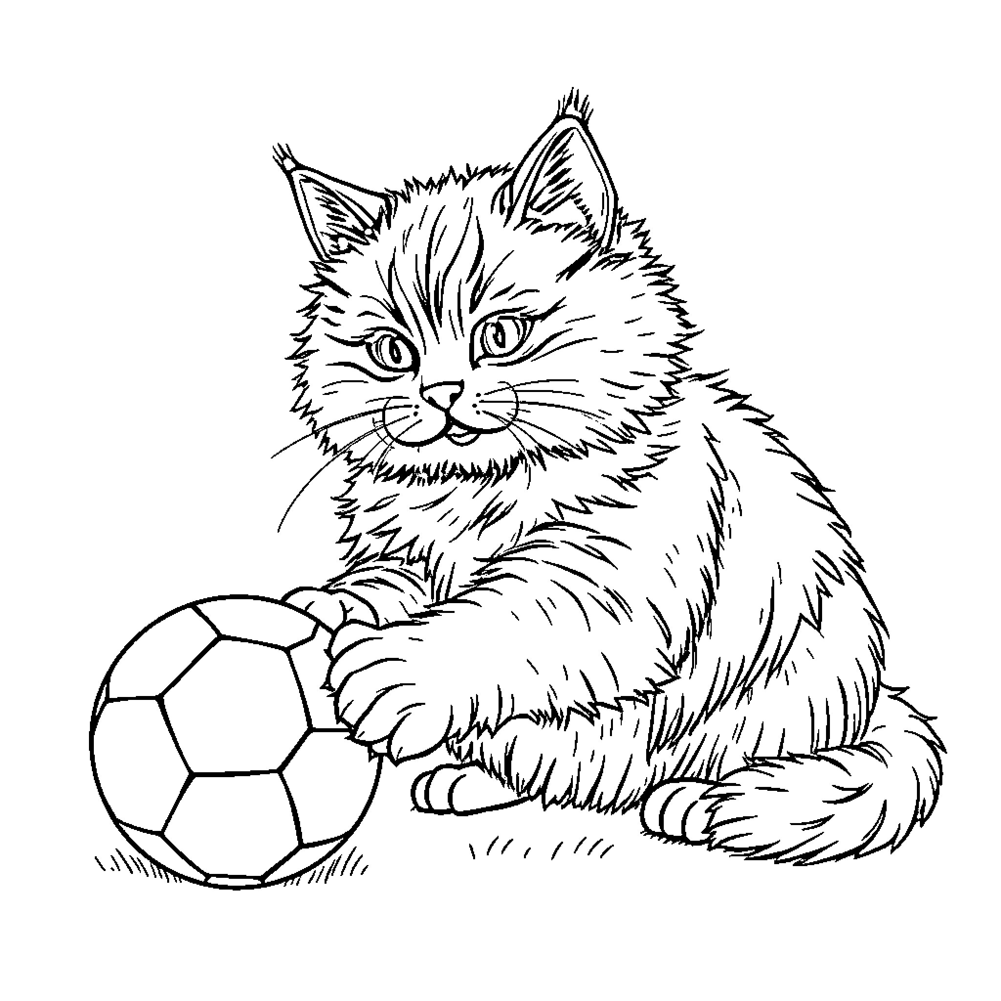 Cat with Soccer Ball Coloring Page (free black-and-white line drawing printable PDF for all, from beginners to advanced learners, including children, teens, adults, and seniors)