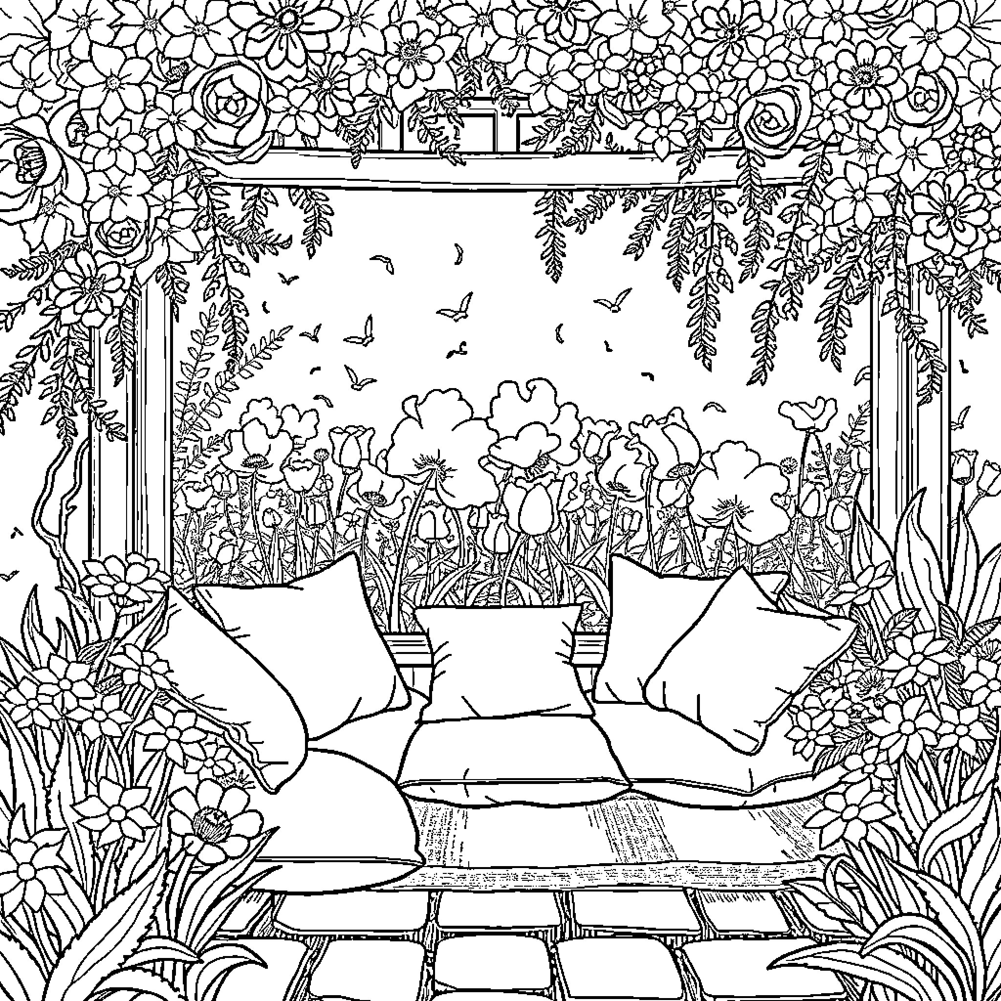 Garden of Floral Delight and Nature's Embrace Coloring Page (free black-and-white line drawing printable PDF for all, from beginners to advanced learners, including children, teens, adults, and seniors)
