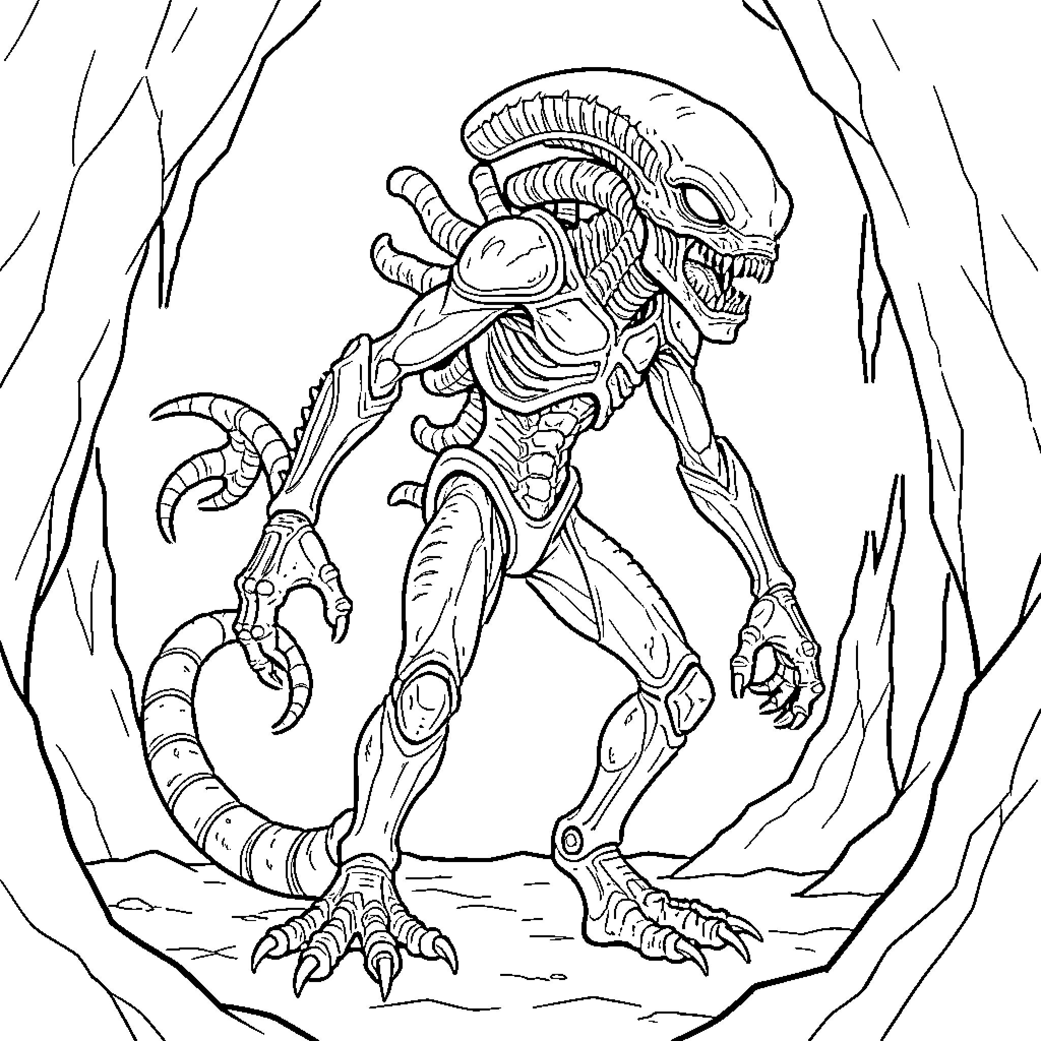 Xenomorph walking through a dark cave opening Coloring Page (free black-and-white line drawing printable PDF for all, from beginners to advanced learners, including children, teens, adults, and seniors)