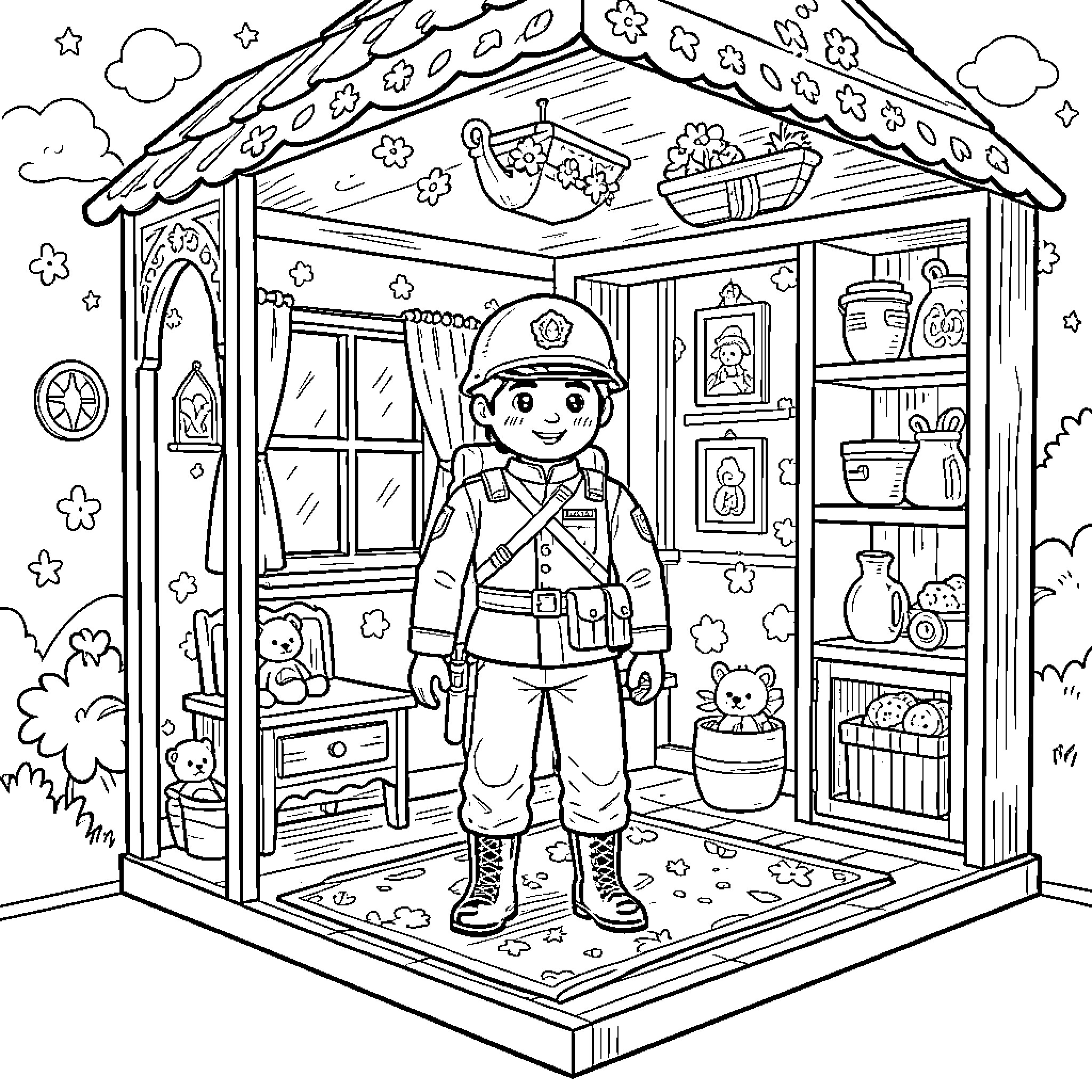 Dollhouse Soldier in Peaceful Playtime Setting Coloring Page (free black-and-white line drawing printable PDF for all, from beginners to advanced learners, including children, teens, adults, and seniors)