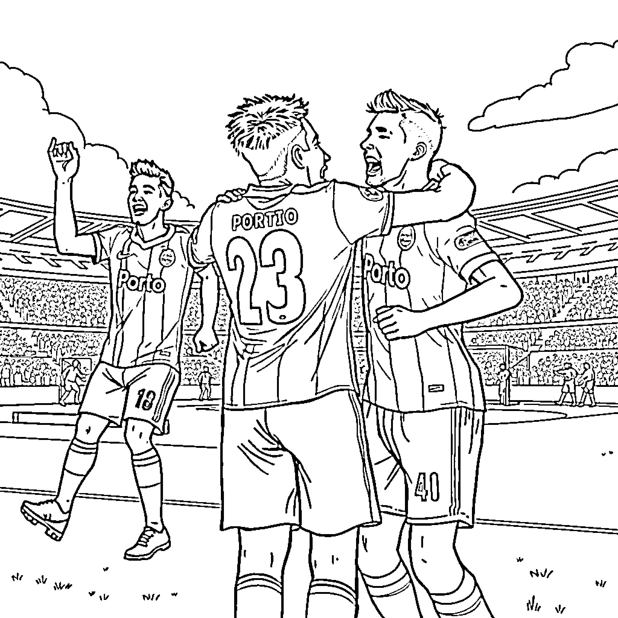 Fc Porto players celebrating victory on the field Coloring Page (free black-and-white line drawing printable PDF for all, from beginners to advanced learners, including children, teens, adults, and seniors)