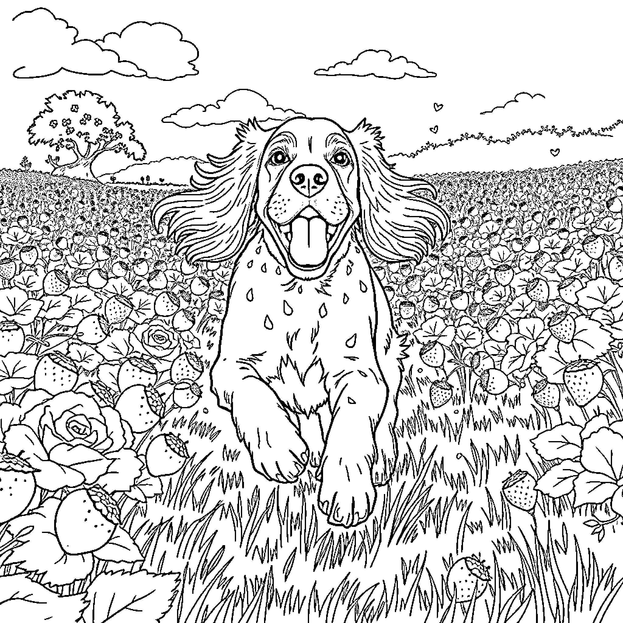 Clumber Spaniel playing in a floral field Coloring Page (free black-and-white line drawing printable PDF for all, from beginners to advanced learners, including children, teens, adults, and seniors)