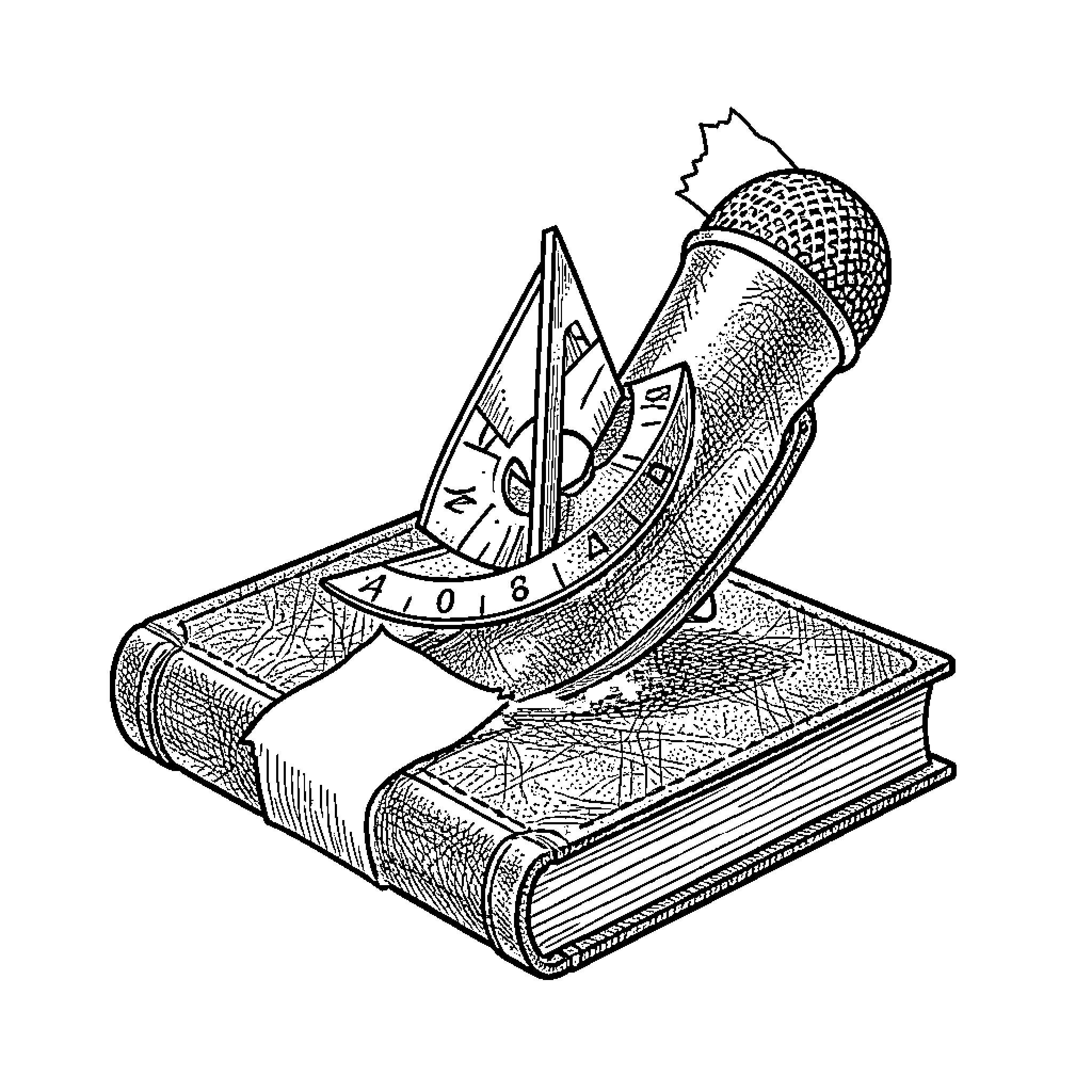 Sundial and compass on open book Coloring Page (free black-and-white line drawing printable PDF for all, from beginners to advanced learners, including children, teens, adults, and seniors)