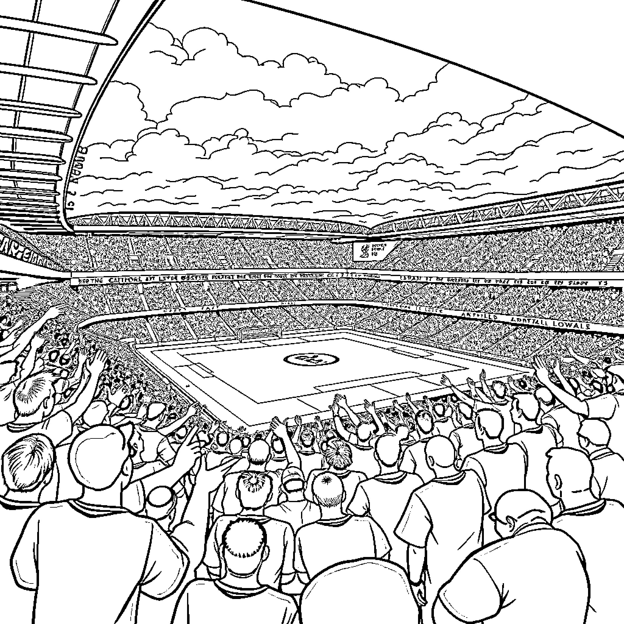 Anfield Stadium Full of Energetic Spectators Coloring Page (free black-and-white line drawing printable PDF for all, from beginners to advanced learners, including children, teens, adults, and seniors)