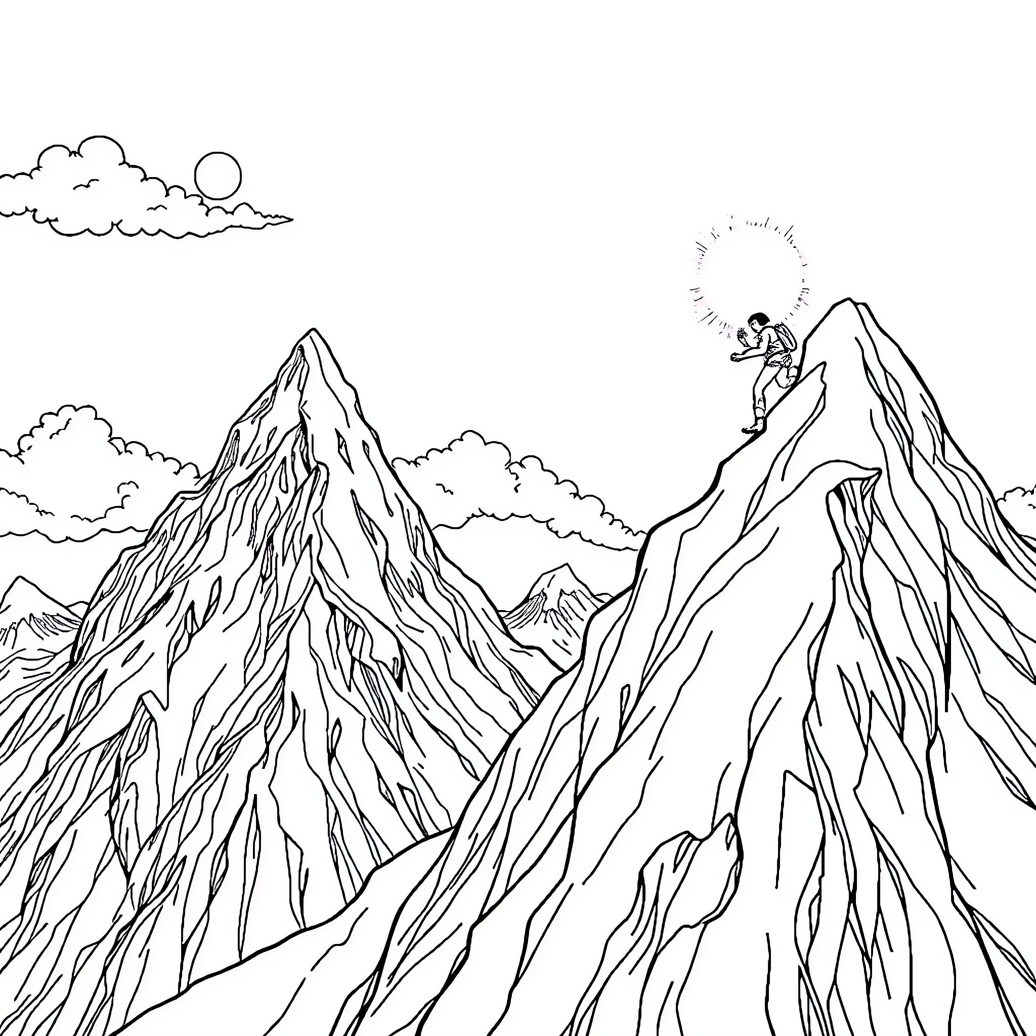 Persona Ascending the Rugged Mountain Peaks Coloring Page (free black-and-white line drawing printable PDF for all, from beginners to advanced learners, including children, teens, adults, and seniors)