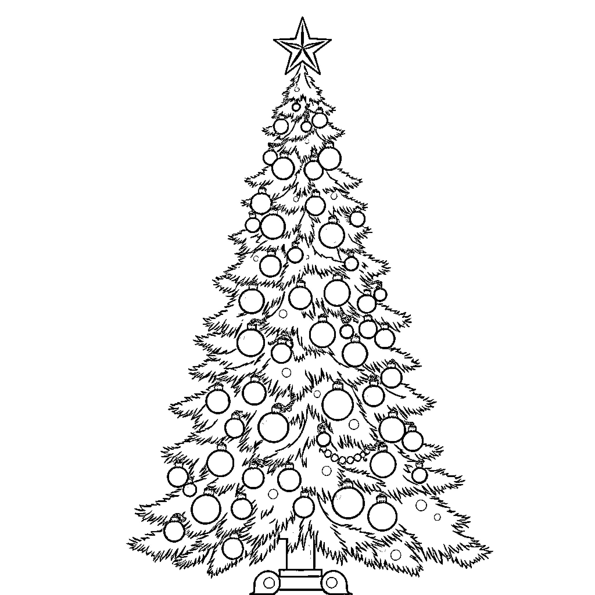 Christmas Tree with Festive Ornaments Coloring Page (free black-and-white line drawing printable PDF for all, from beginners to advanced learners, including children, teens, adults, and seniors)