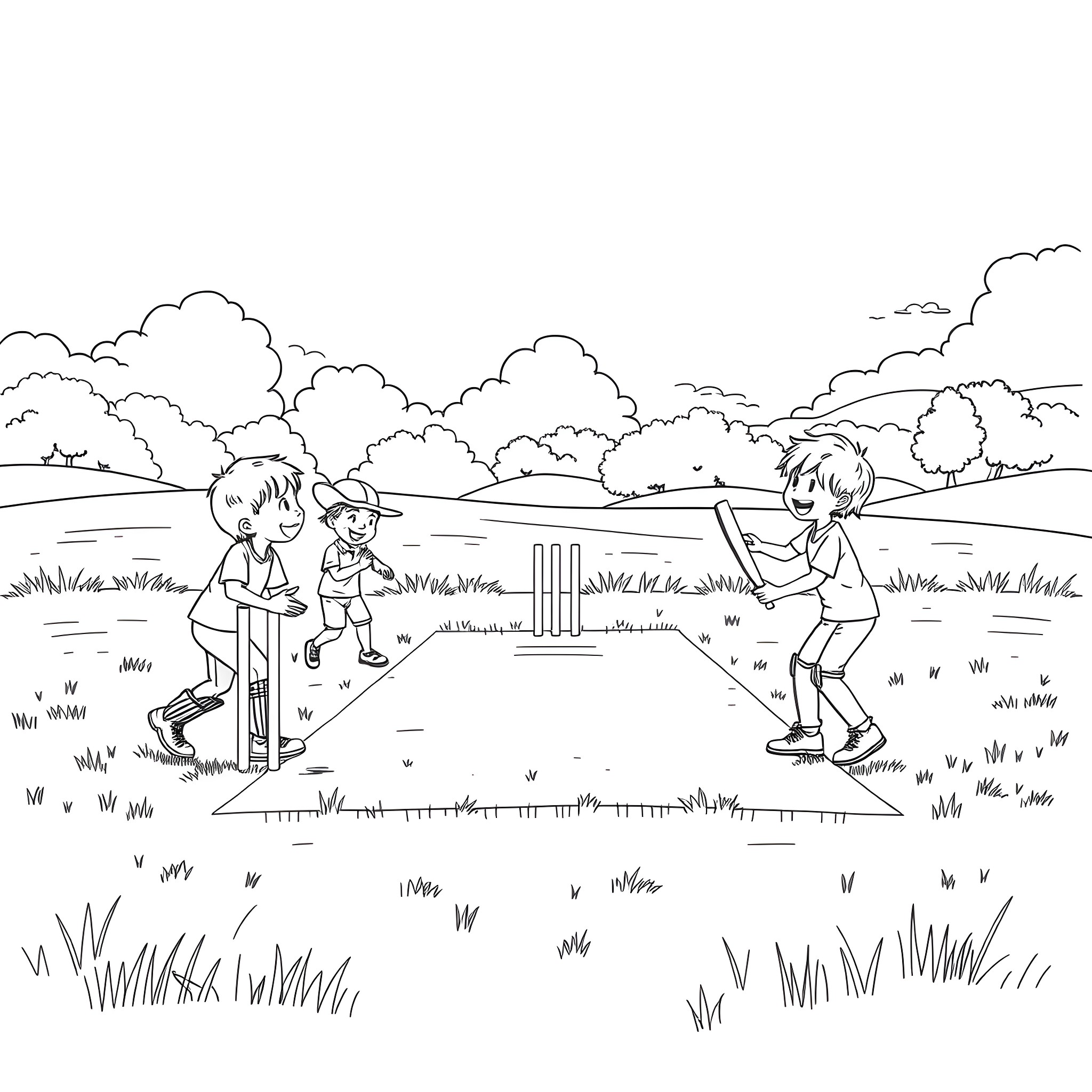 Kid playing cricket on a sunny day Coloring Page (free black-and-white line drawing printable PDF for all, from beginners to advanced learners, including children, teens, adults, and seniors)