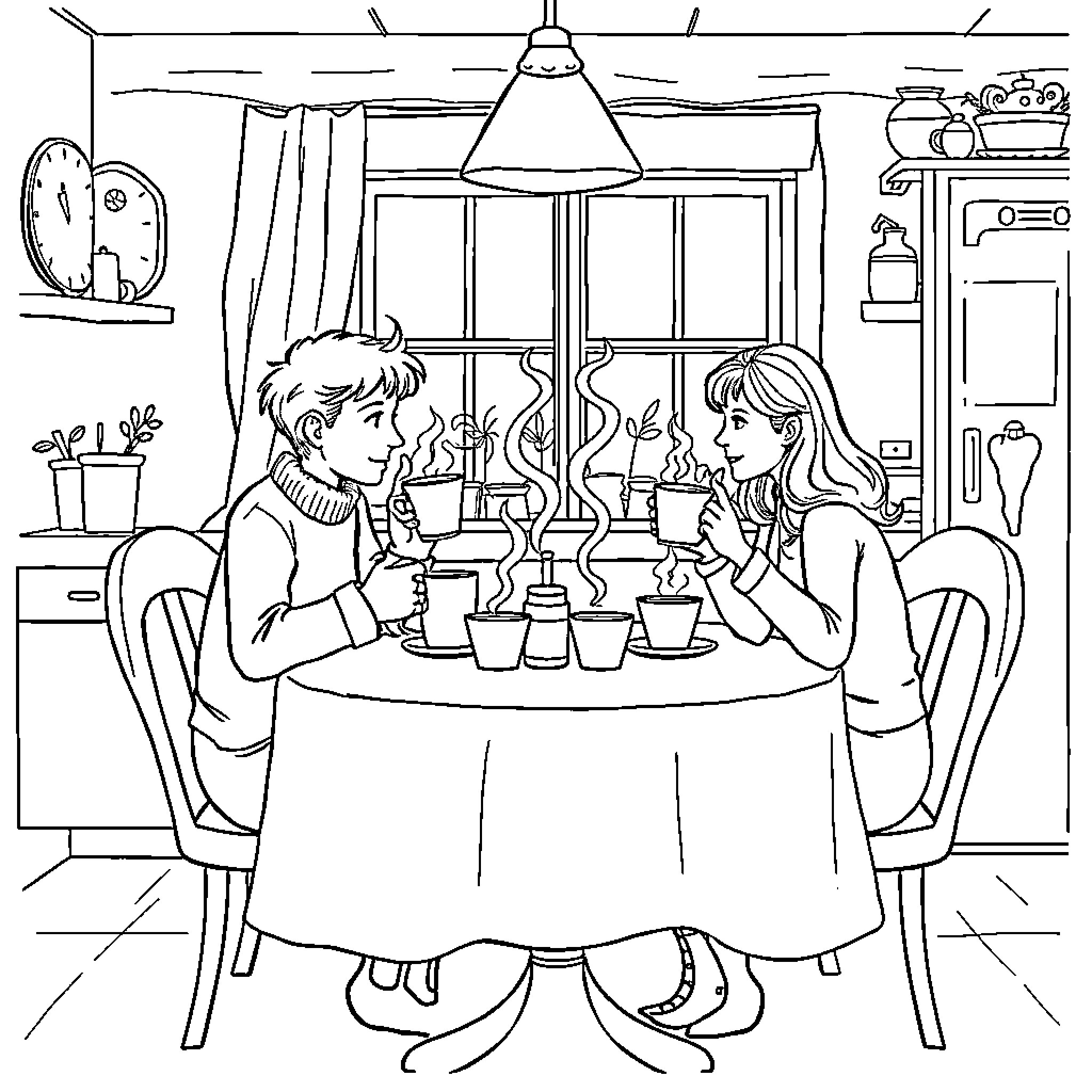 Person enjoying hot drinks together in cozy kitchen Coloring Page (free black-and-white line drawing printable PDF for all, from beginners to advanced learners, including children, teens, adults, and seniors)