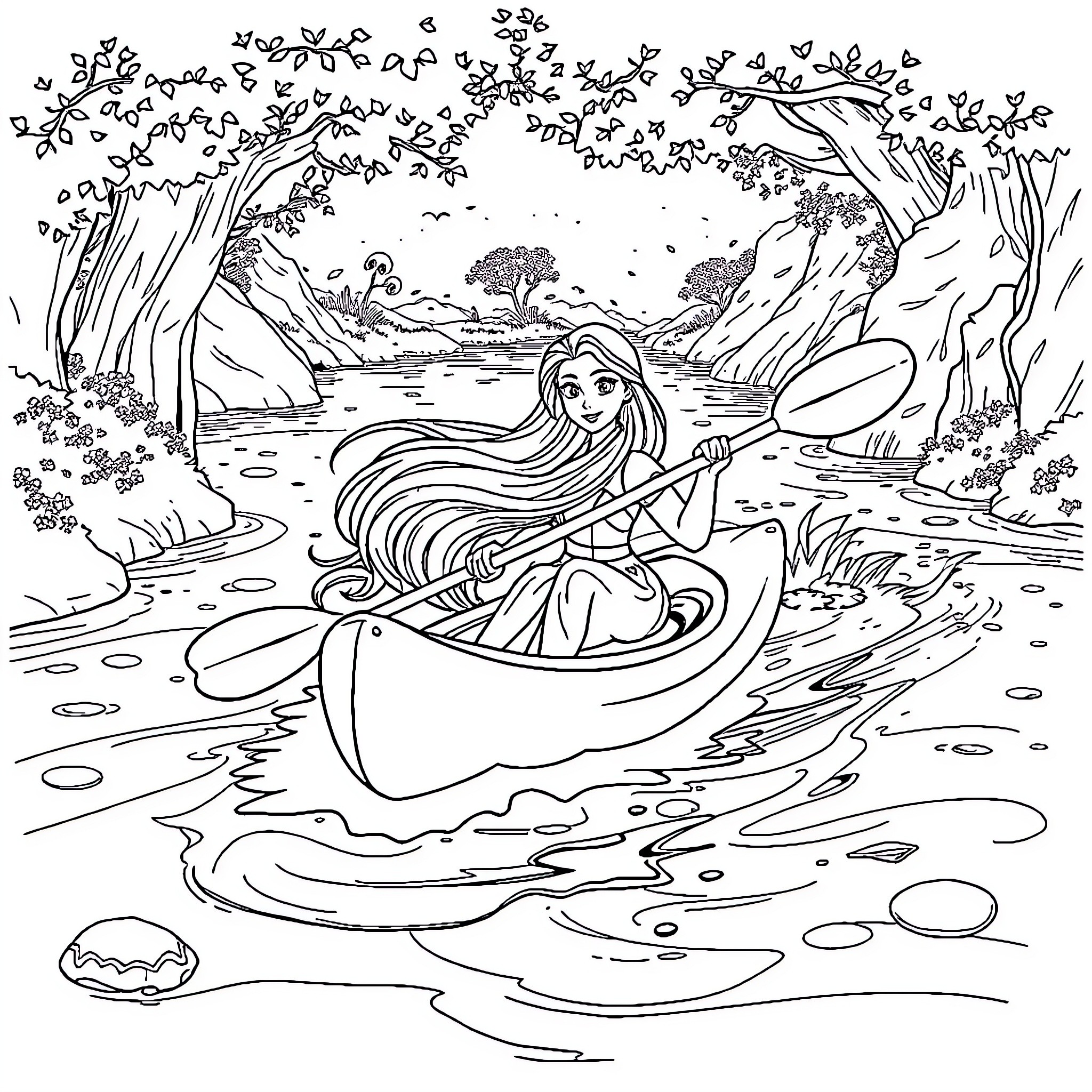 Rapunzel Rowing a Boat Through a Magical Forest Coloring Page (free black-and-white line drawing printable PDF for all, from beginners to advanced learners, including children, teens, adults, and seniors)