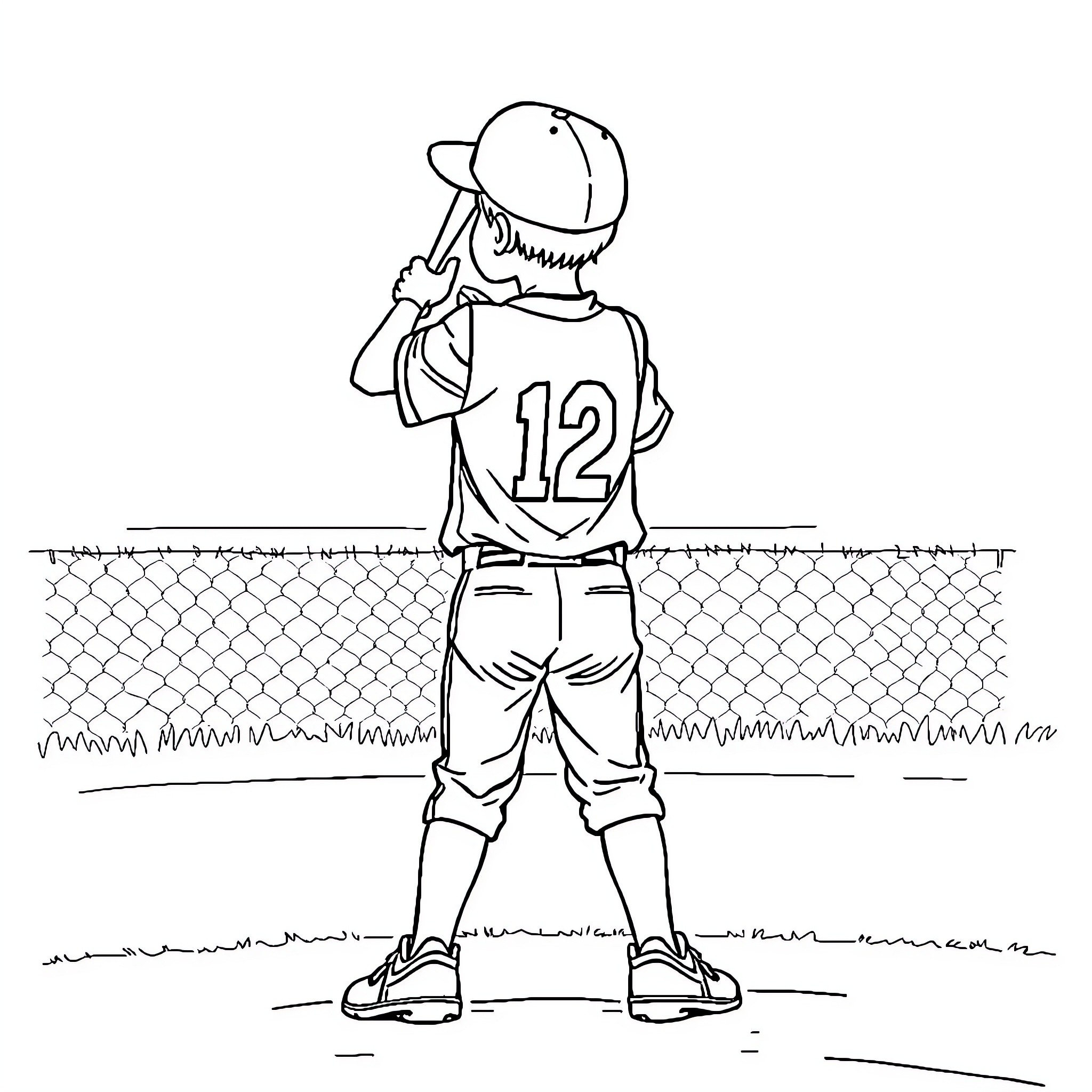 Baseball Player Batting on the Field Coloring Page (free black-and-white line drawing printable PDF for all, from beginners to advanced learners, including children, teens, adults, and seniors)
