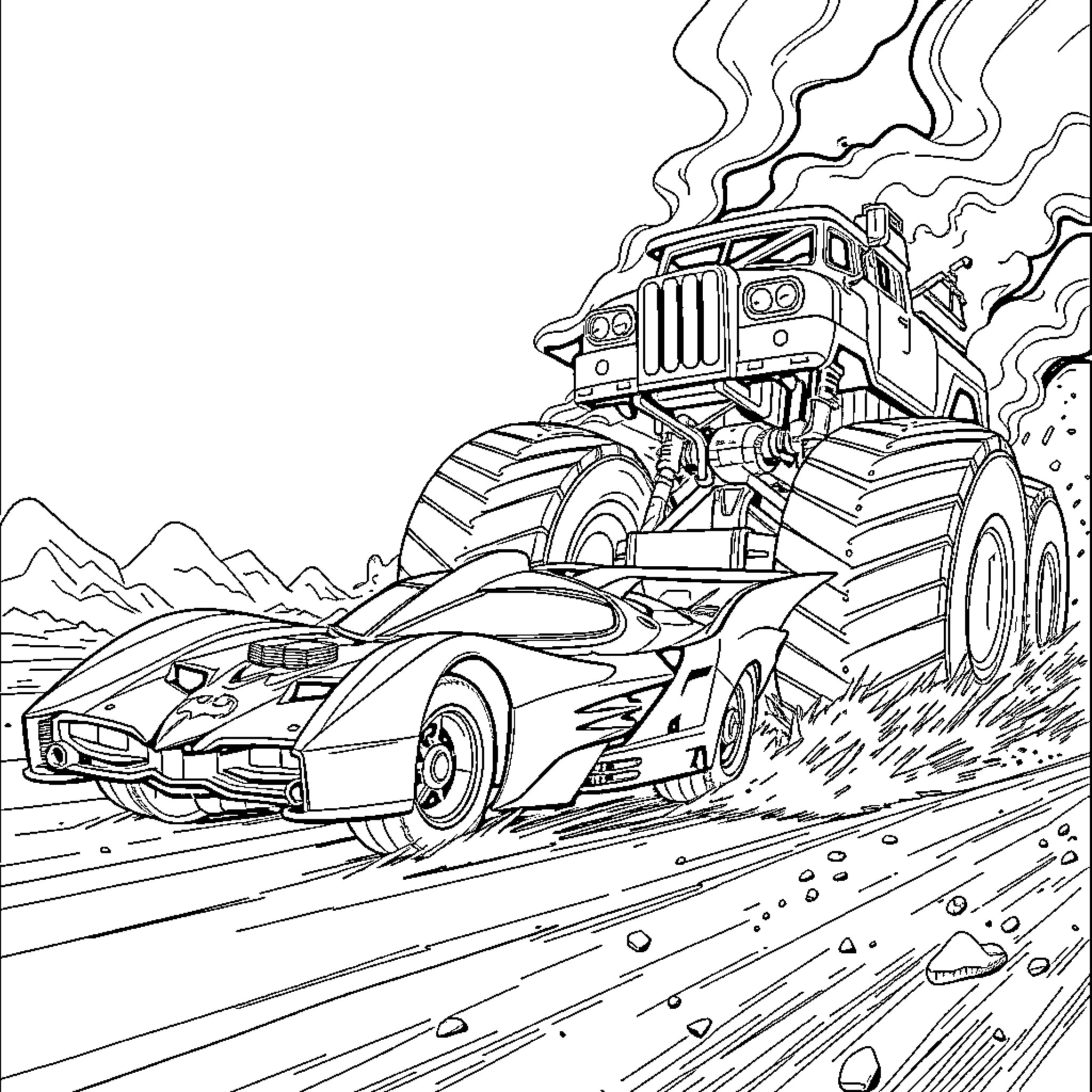 Batmobile races through the wilderness Coloring Page (free black-and-white line drawing printable PDF for all, from beginners to advanced learners, including children, teens, adults, and seniors)