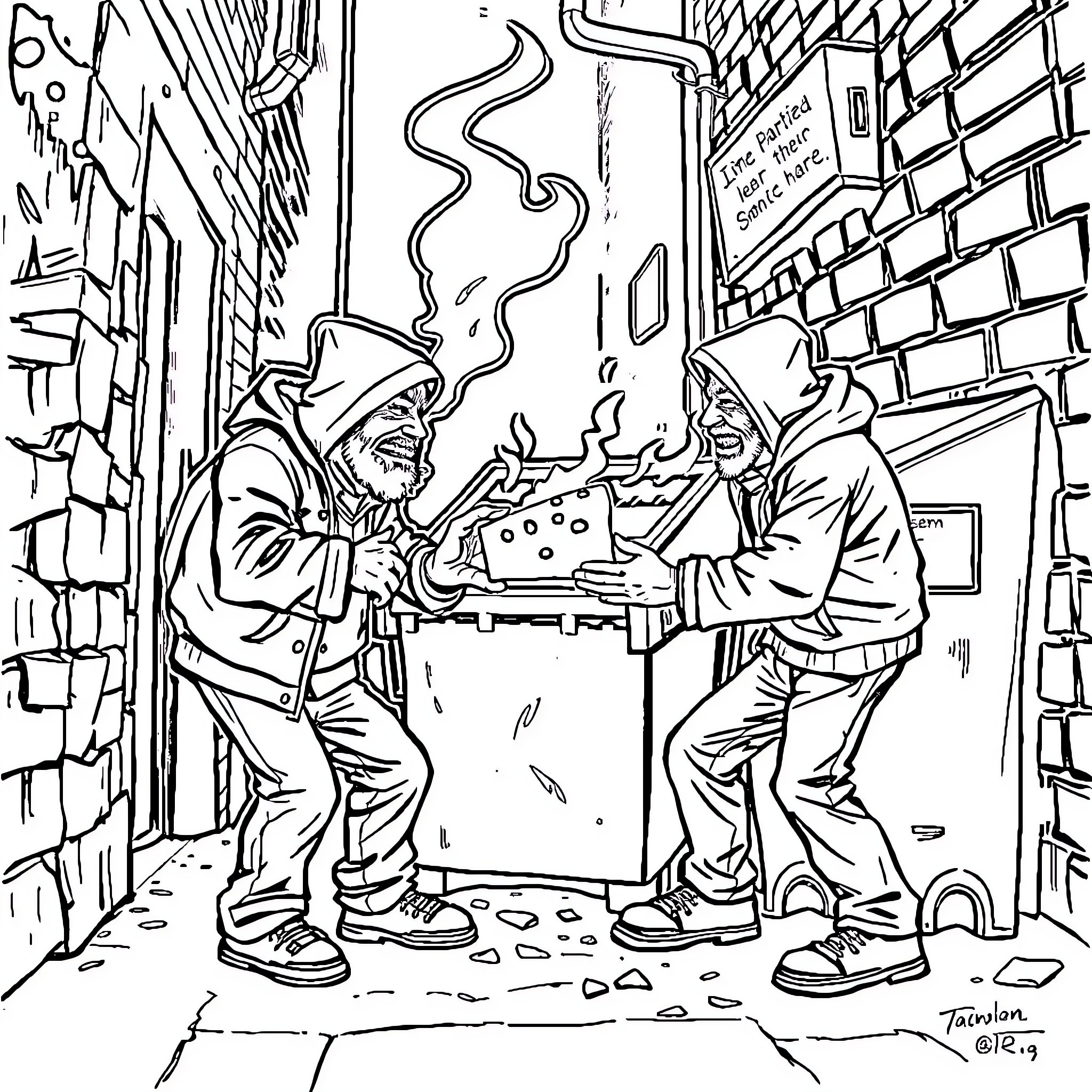 Man sharing food with another man on the street Coloring Page (free black-and-white line drawing printable PDF for all, from beginners to advanced learners, including children, teens, adults, and seniors)