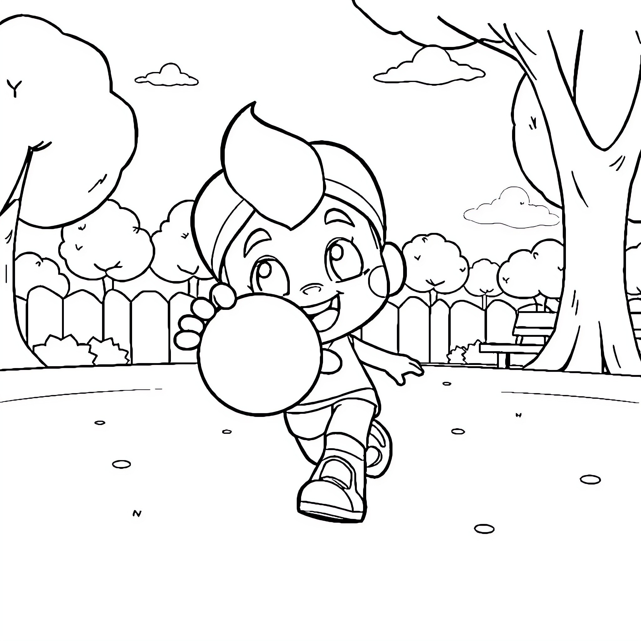 Kit playing with a ball in the park Coloring Page (free black-and-white line drawing printable PDF for all, from beginners to advanced learners, including children, teens, adults, and seniors)