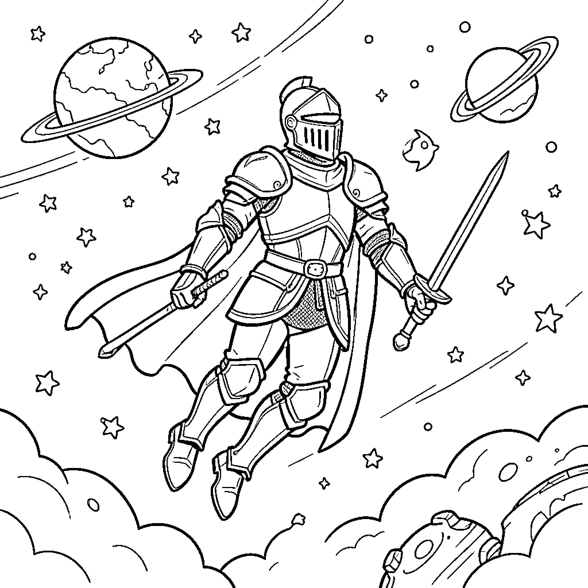 Knight Soaring Through Cosmic Landscape Coloring Page (free black-and-white line drawing printable PDF for all, from beginners to advanced learners, including children, teens, adults, and seniors)