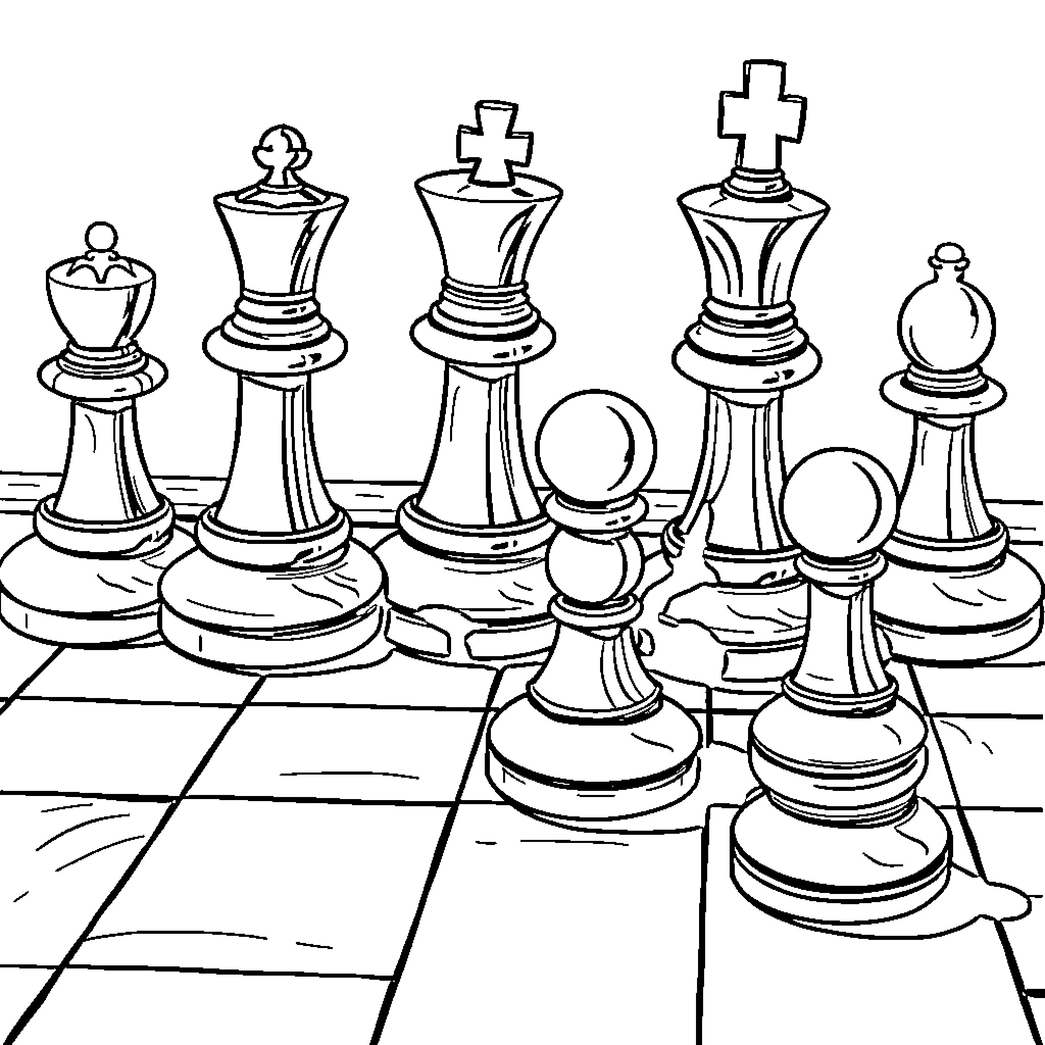 Chess Piece Arrangement on a Chessboard Coloring Page (free black-and-white line drawing printable PDF for all, from beginners to advanced learners, including children, teens, adults, and seniors)