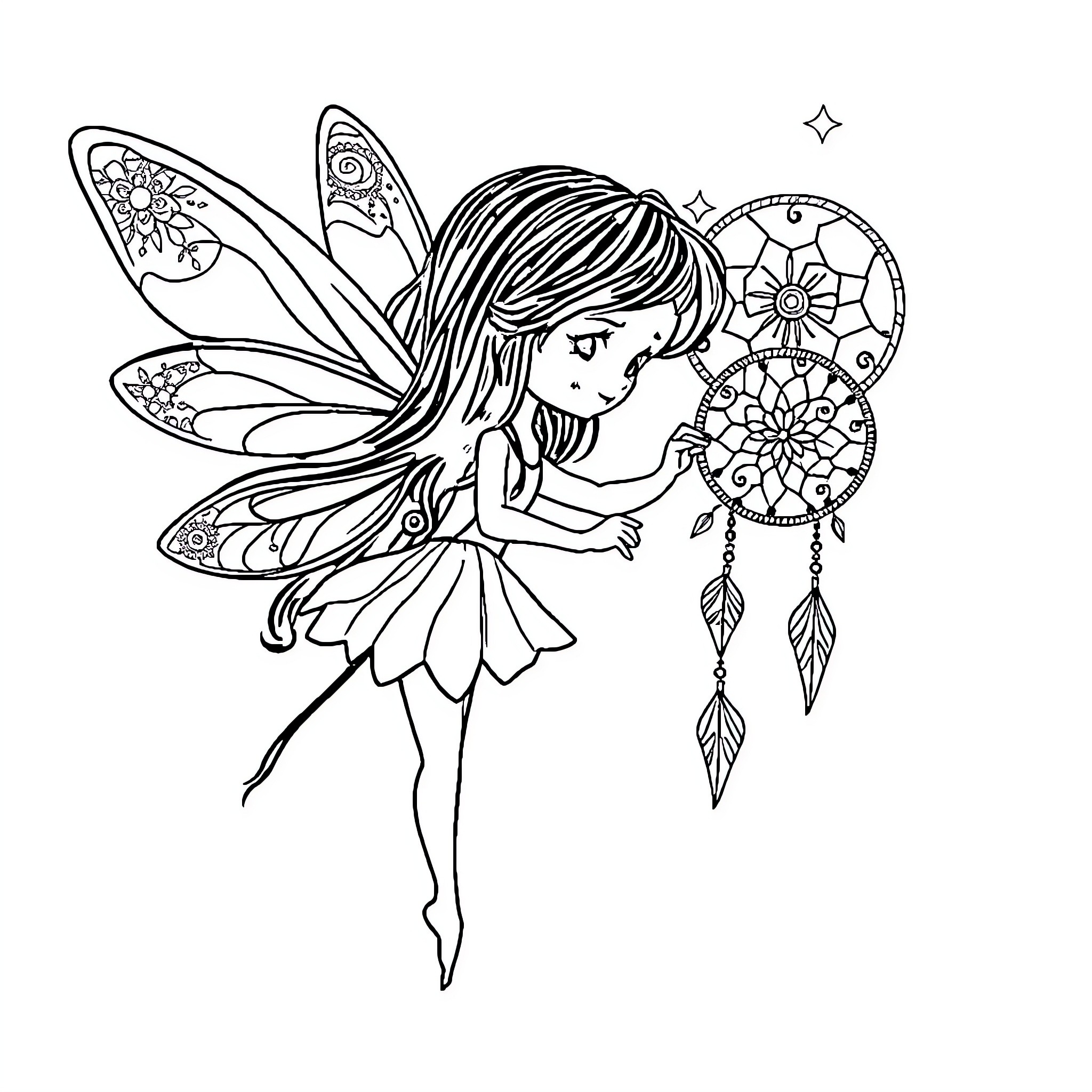 Fairy dreaming of enchanted dreamcatchers Coloring Page (free black-and-white line drawing printable PDF for all, from beginners to advanced learners, including children, teens, adults, and seniors)