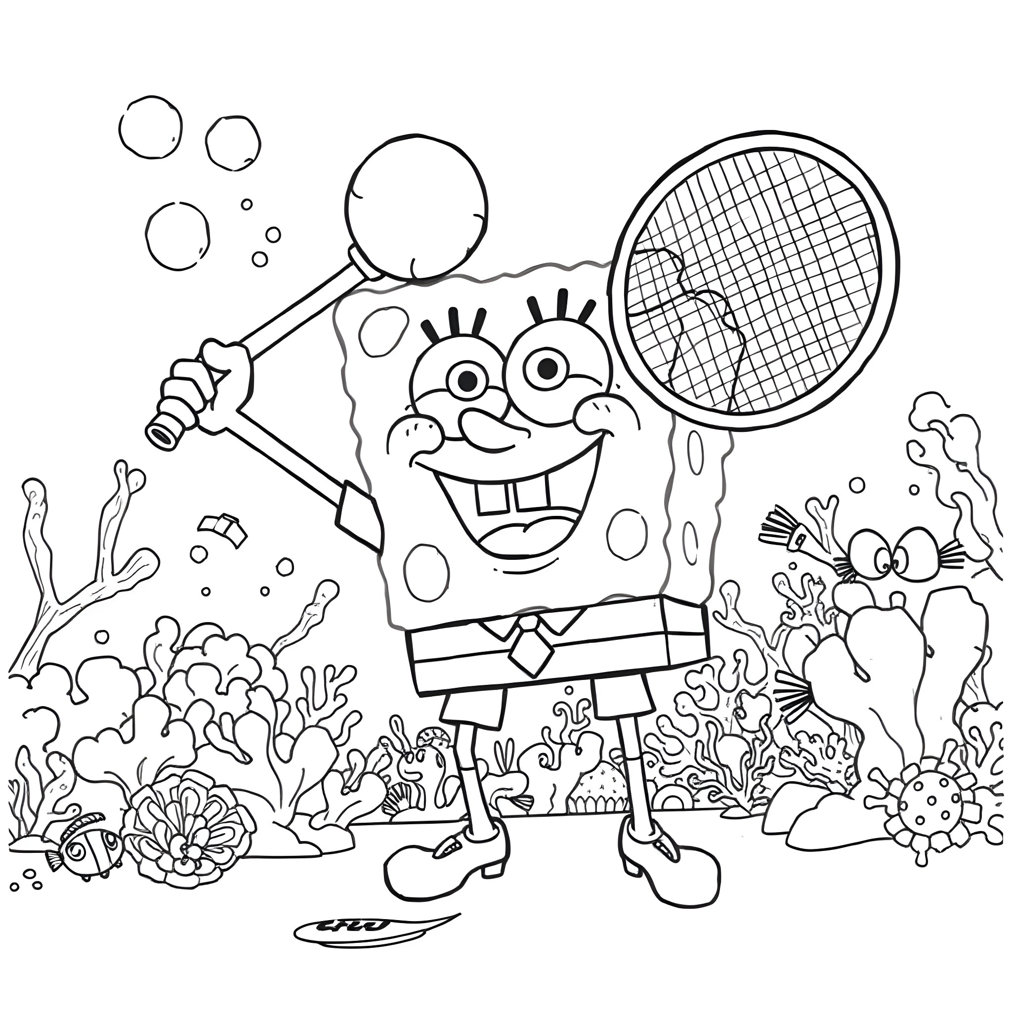Spongebob playing tennis underwater with sea creatures Coloring Page (free black-and-white line drawing printable PDF for all, from beginners to advanced learners, including children, teens, adults, and seniors)
