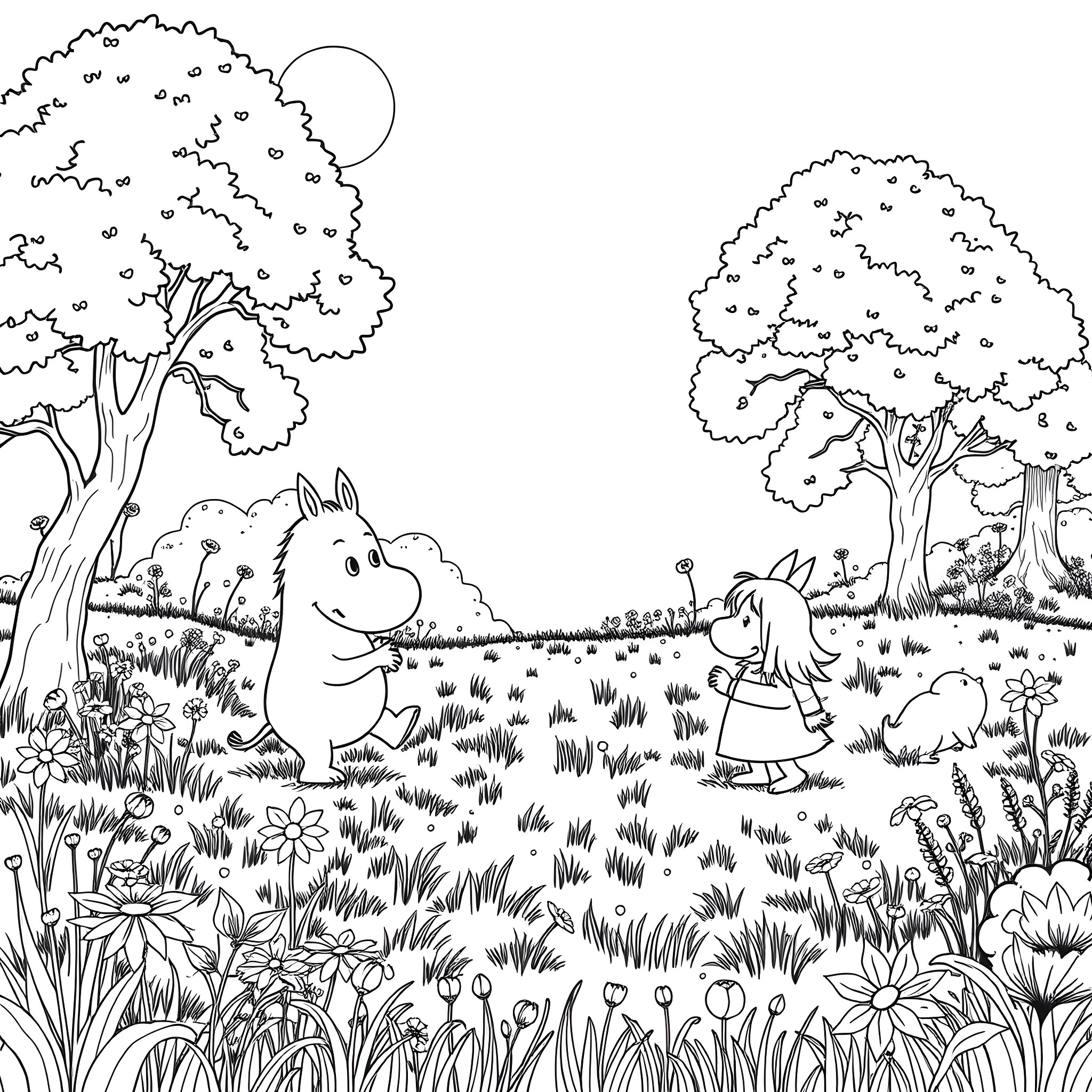 Mumin playing happily in the enchanted forest Coloring Page (free black-and-white line drawing printable PDF for all, from beginners to advanced learners, including children, teens, adults, and seniors)