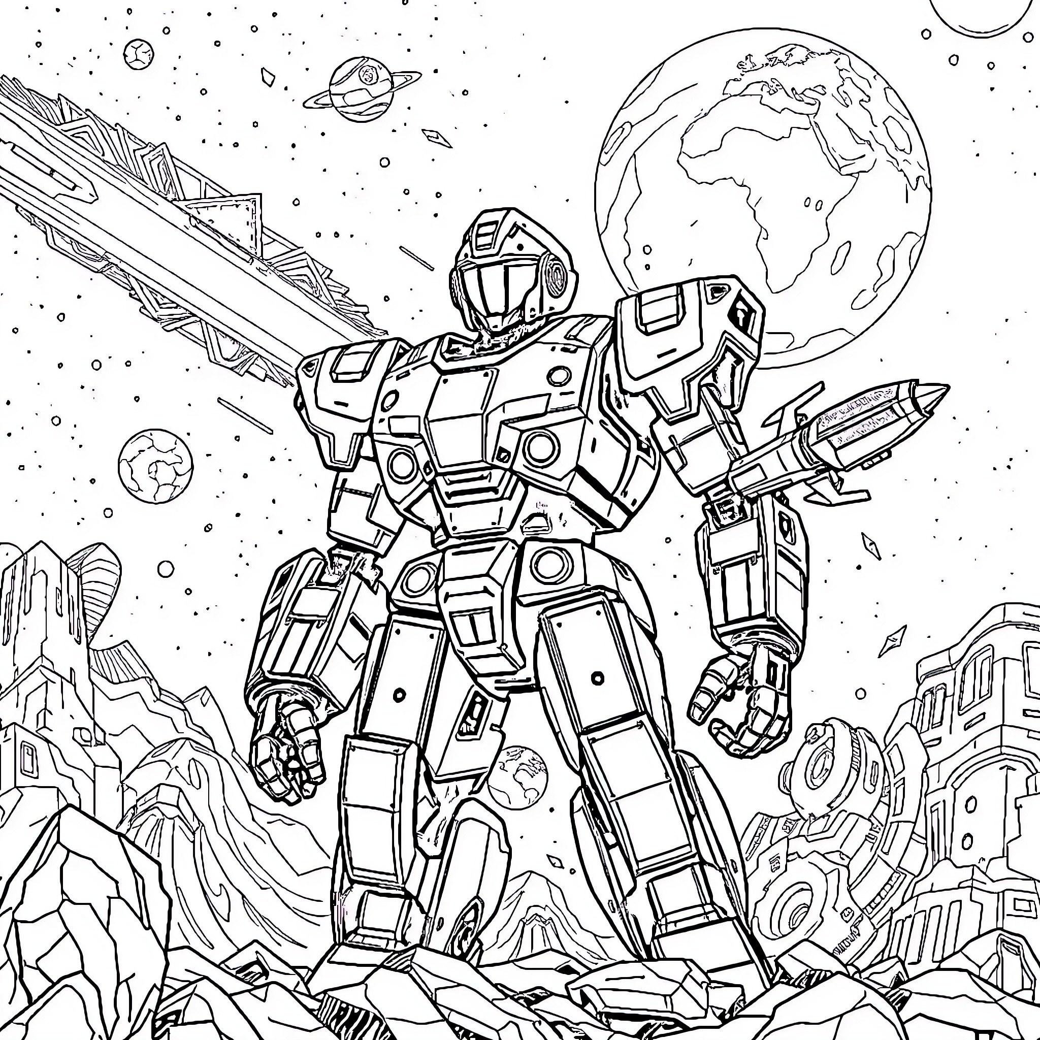 Robot Warrior Exploring Alien Landscape Coloring Page (free black-and-white line drawing printable PDF for all, from beginners to advanced learners, including children, teens, adults, and seniors)