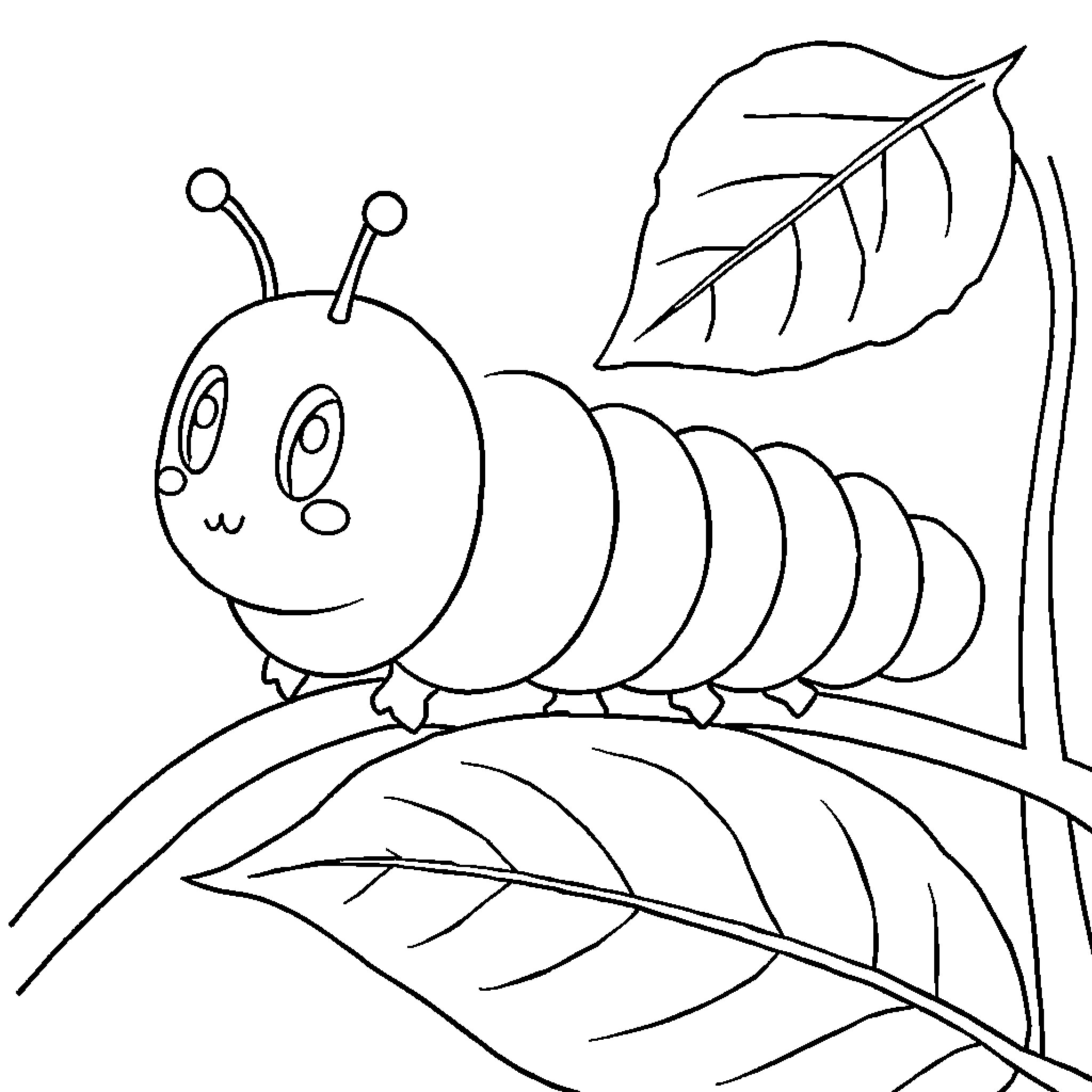 Caterpillar exploring the leaves happily Coloring Page (free black-and-white line drawing printable PDF for all, from beginners to advanced learners, including children, teens, adults, and seniors)