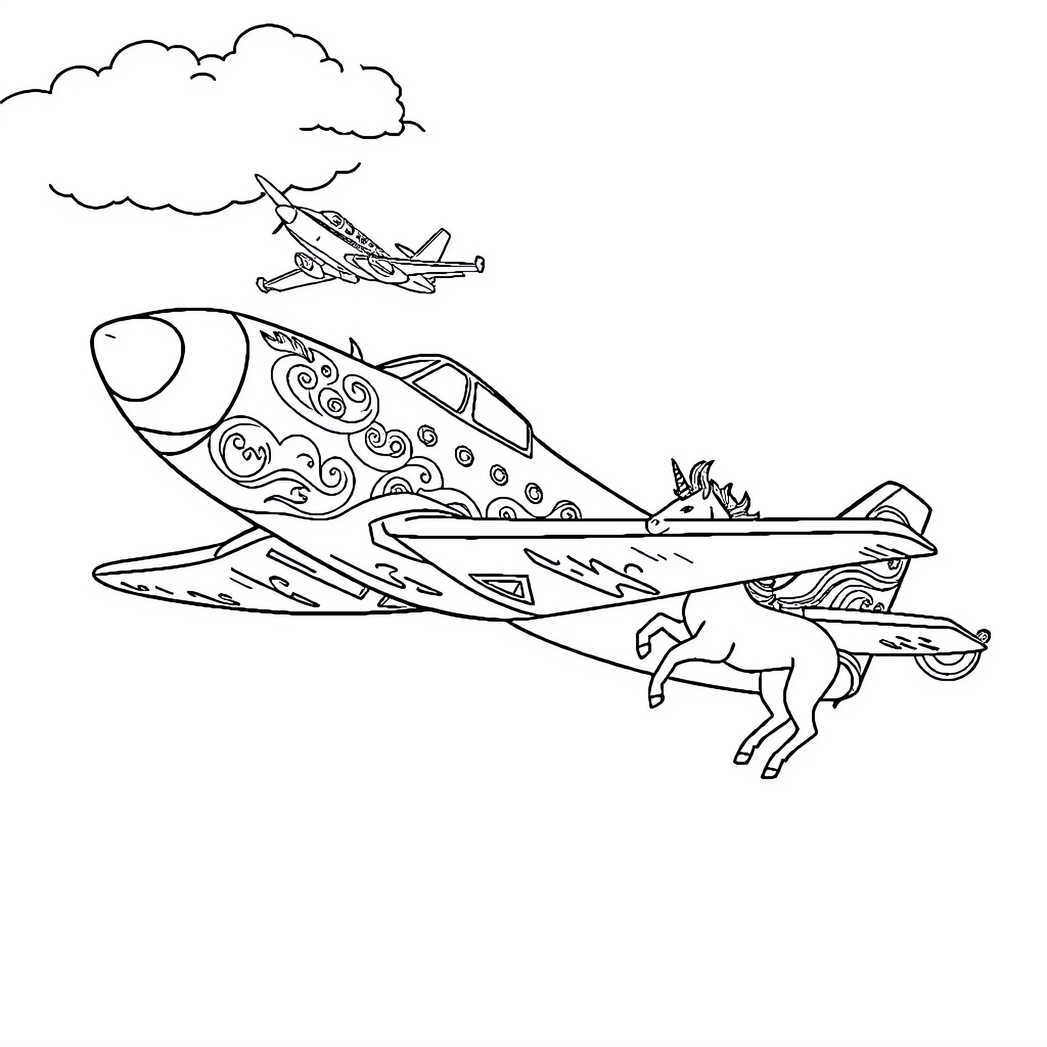 Plane chasing horse on colorful aircraft Coloring Page (free black-and-white line drawing printable PDF for all, from beginners to advanced learners, including children, teens, adults, and seniors)