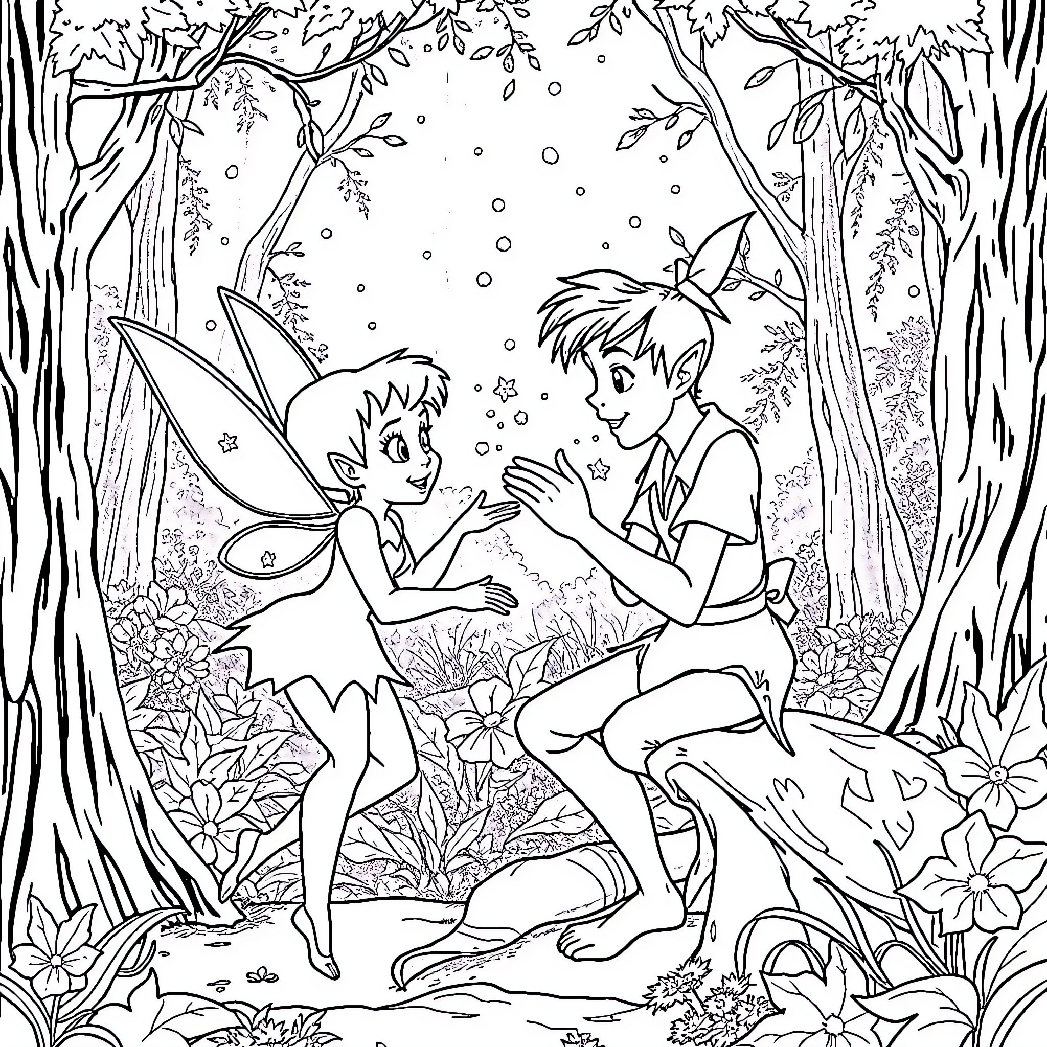 Tinkerbell and a young boy explore the magical forest Coloring Page (free black-and-white line drawing printable PDF for all, from beginners to advanced learners, including children, teens, adults, and seniors)