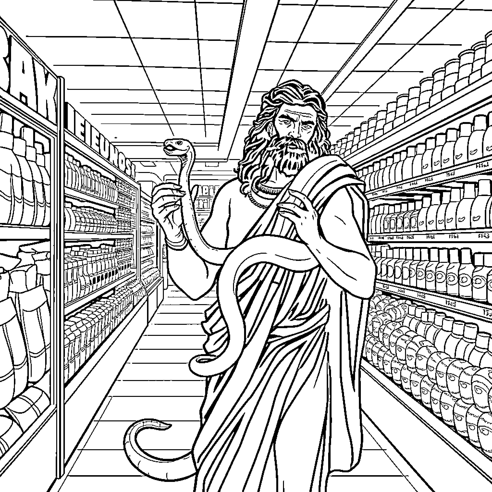 Theseus Explores the Wonders of the Supermarket Coloring Page (free black-and-white line drawing printable PDF for all, from beginners to advanced learners, including children, teens, adults, and seniors)
