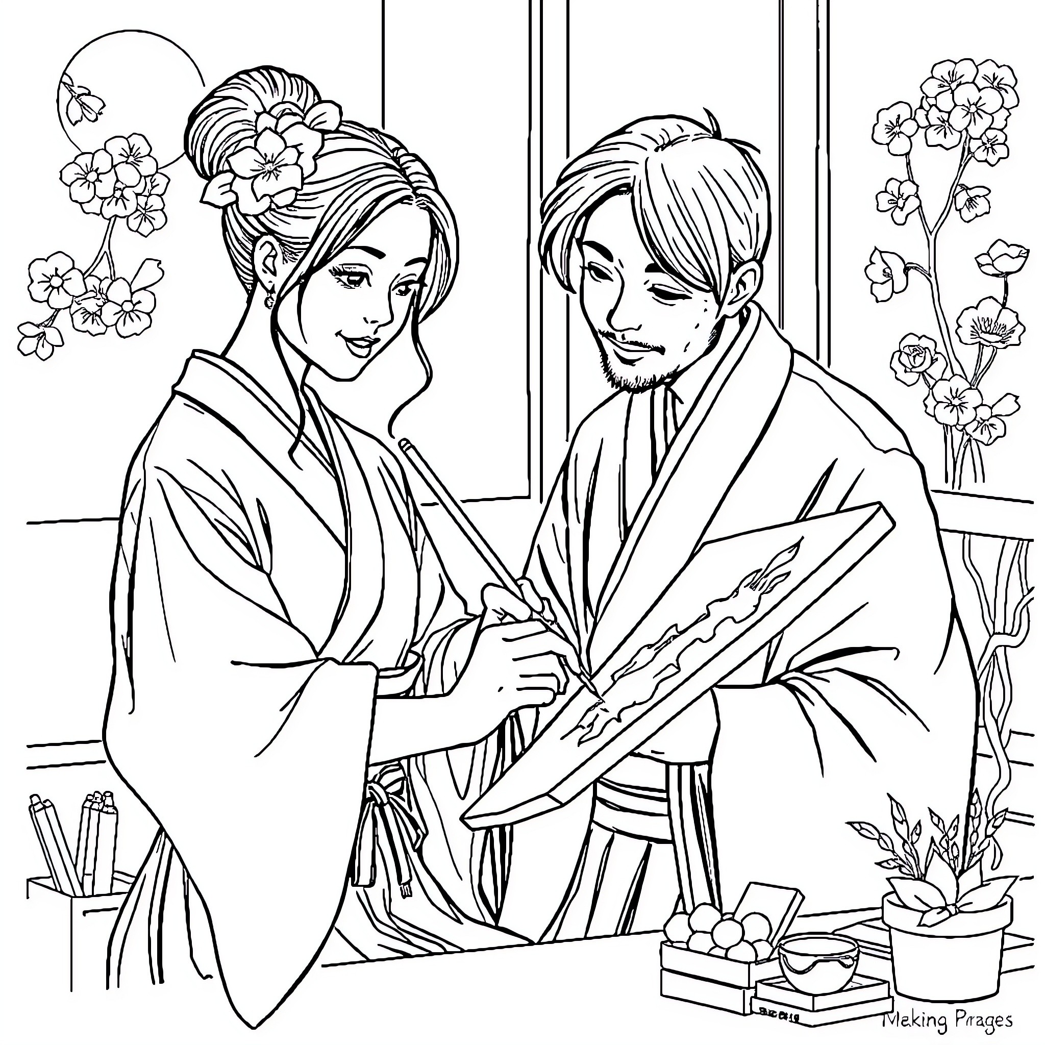 Japanese Woman and Man in Traditional Attire Coloring Page (free black-and-white line drawing printable PDF for all, from beginners to advanced learners, including children, teens, adults, and seniors)