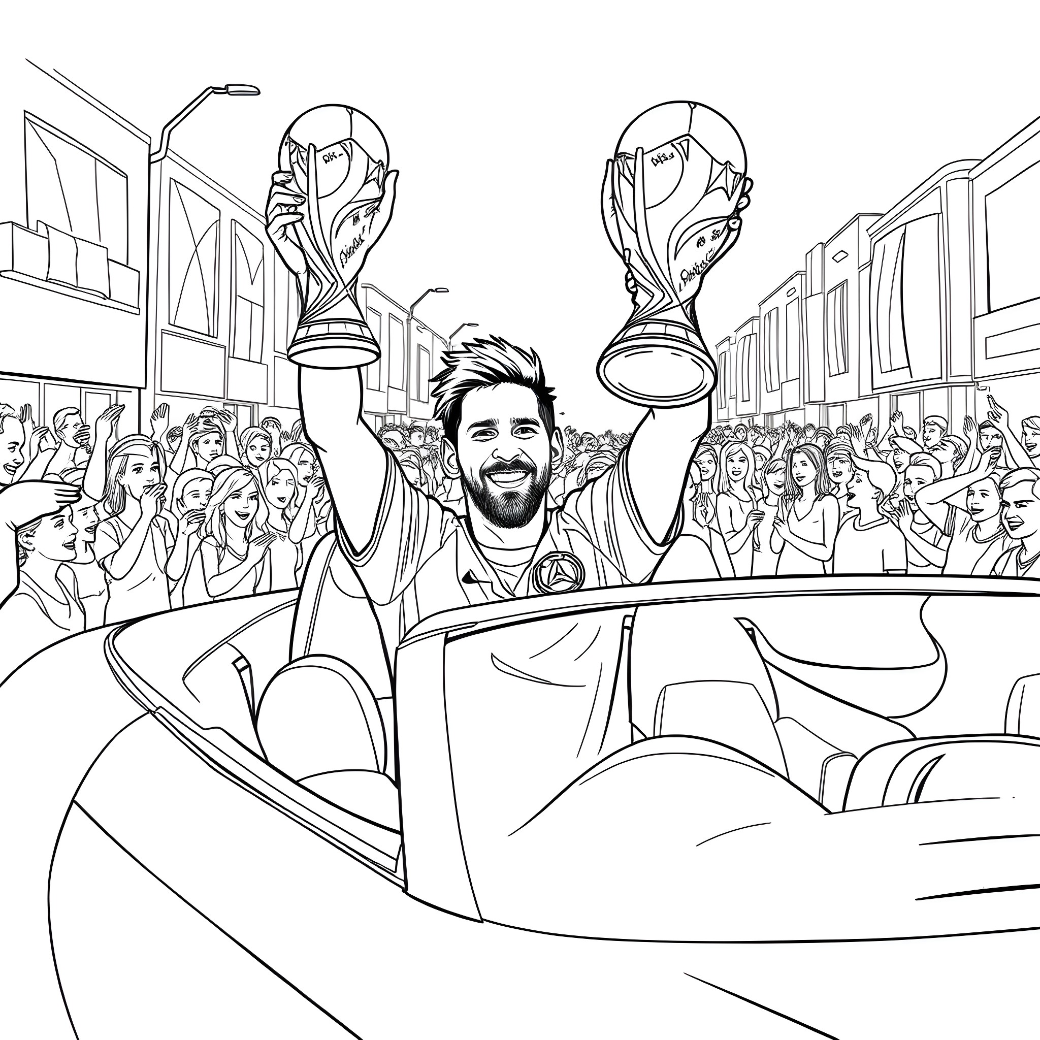 Messi celebrating victory with World Cup trophy Coloring Page (free black-and-white line drawing printable PDF for all, from beginners to advanced learners, including children, teens, adults, and seniors)