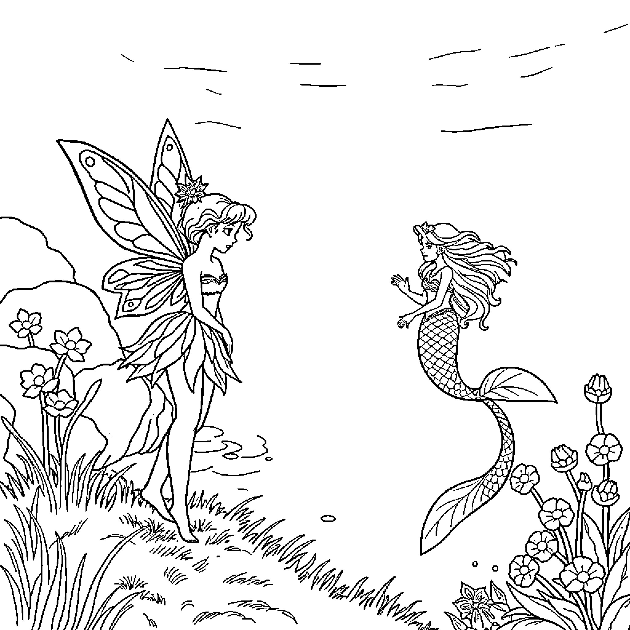Princess Fairy and Mermaid in Enchanting Wonderland Coloring Page (free black-and-white line drawing printable PDF for all, from beginners to advanced learners, including children, teens, adults, and seniors)