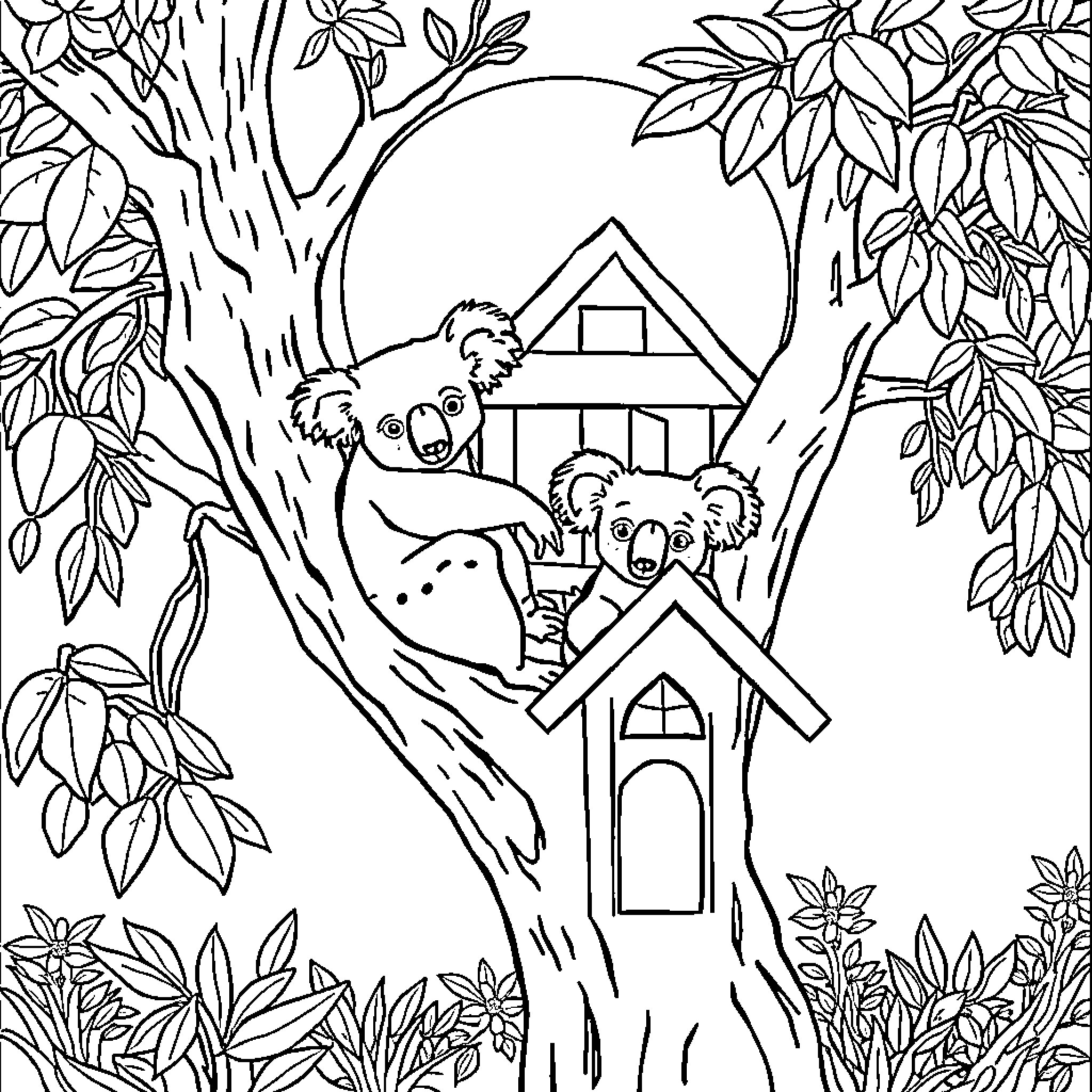 Koala family in a cozy tree house Coloring Page (free black-and-white line drawing printable PDF for all, from beginners to advanced learners, including children, teens, adults, and seniors)