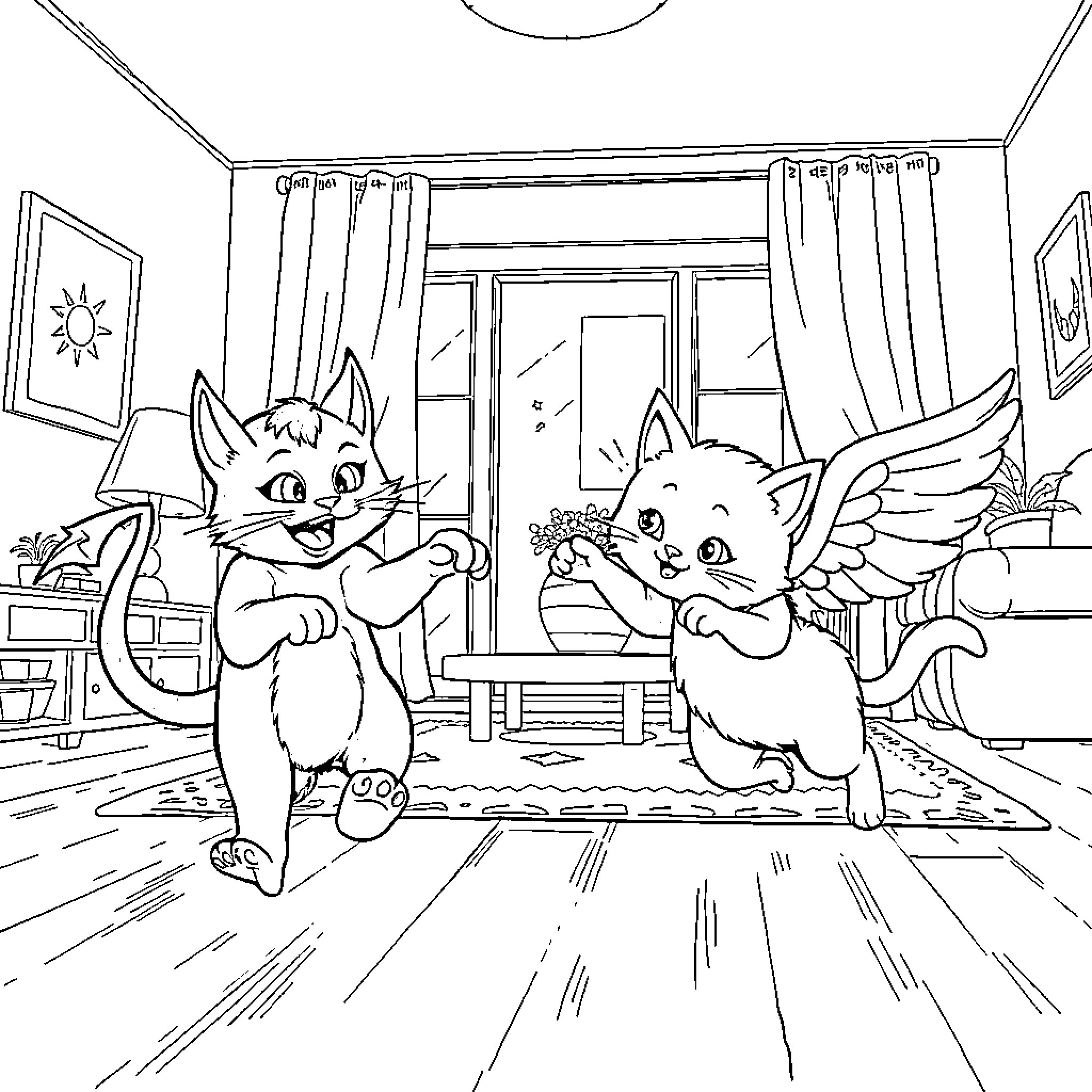 Cat friends playing together indoors Coloring Page (free black-and-white line drawing printable PDF for all, from beginners to advanced learners, including children, teens, adults, and seniors)