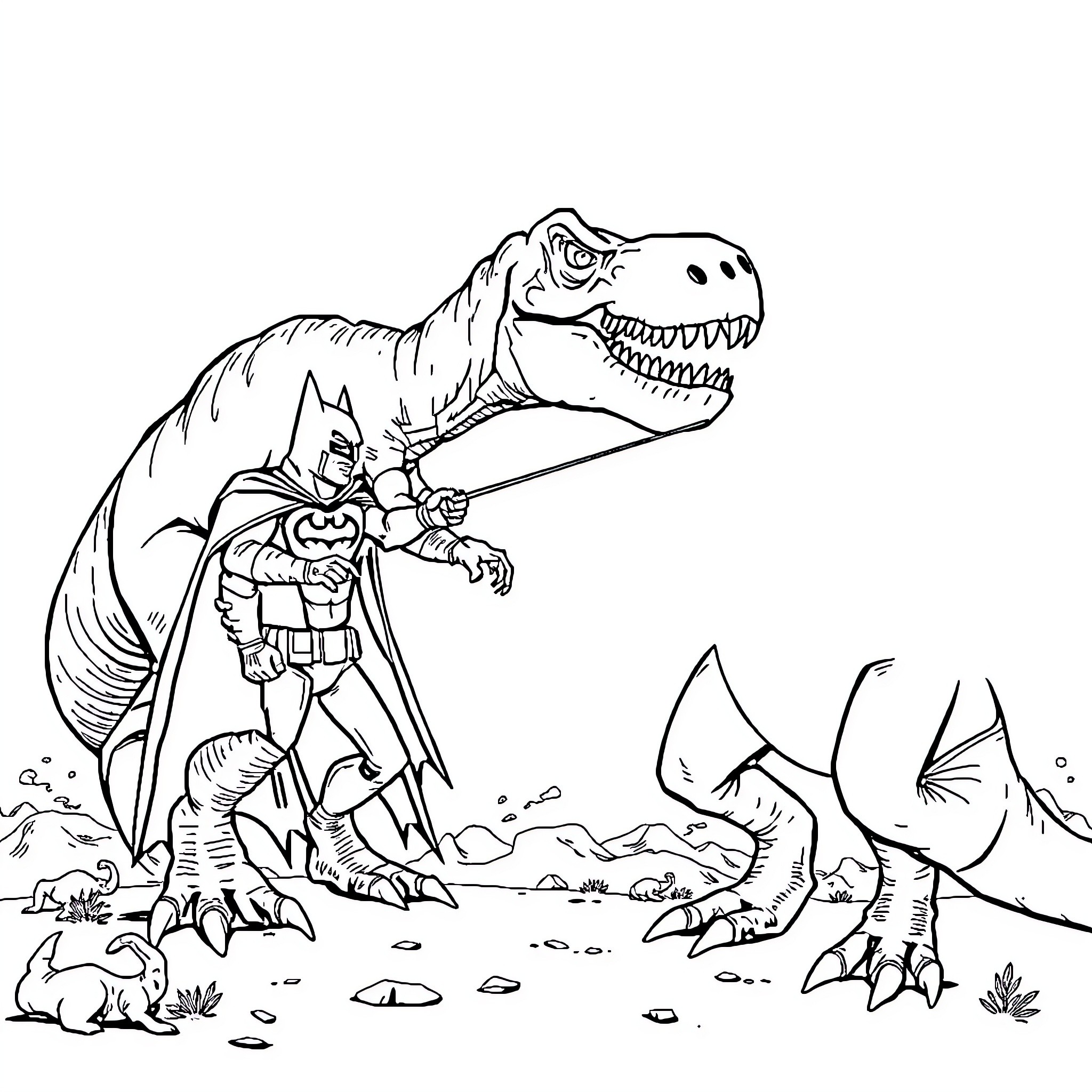 Dinosaur hero battles fierce predator Coloring Page (free black-and-white line drawing printable PDF for all, from beginners to advanced learners, including children, teens, adults, and seniors)
