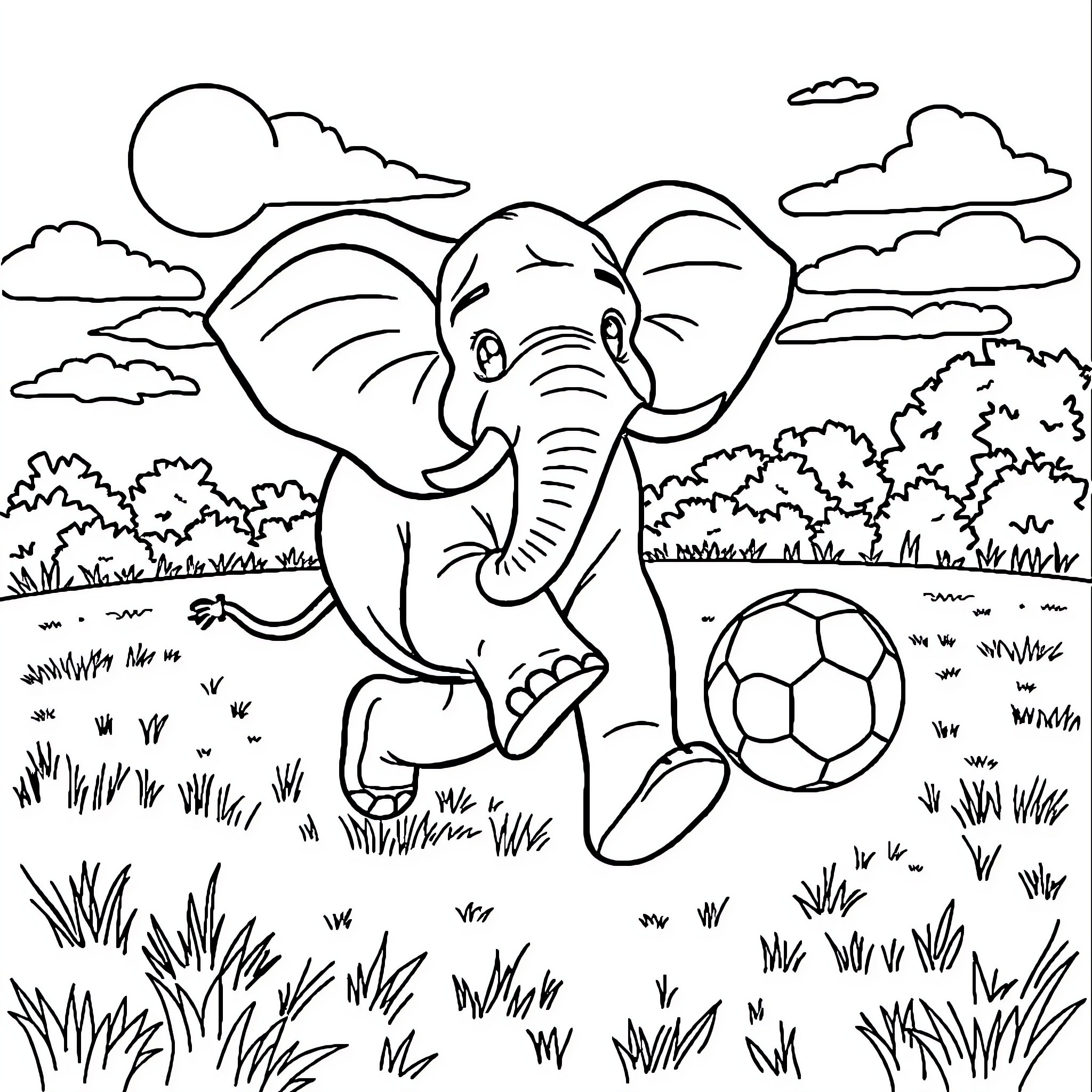Elephant playing with a soccer ball outdoors Coloring Page (free black-and-white line drawing printable PDF for all, from beginners to advanced learners, including children, teens, adults, and seniors)