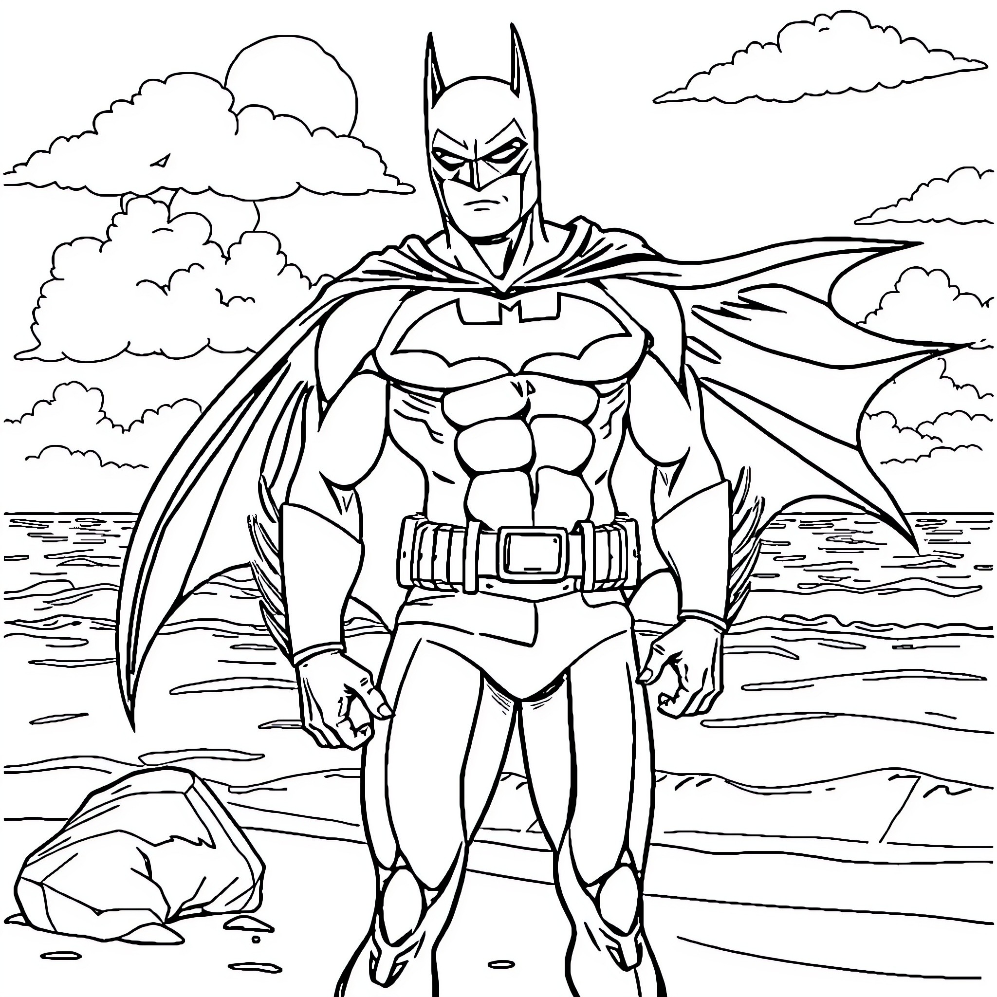 Batman standing heroically in a cloudy sky Coloring Page (free black-and-white line drawing printable PDF for all, from beginners to advanced learners, including children, teens, adults, and seniors)