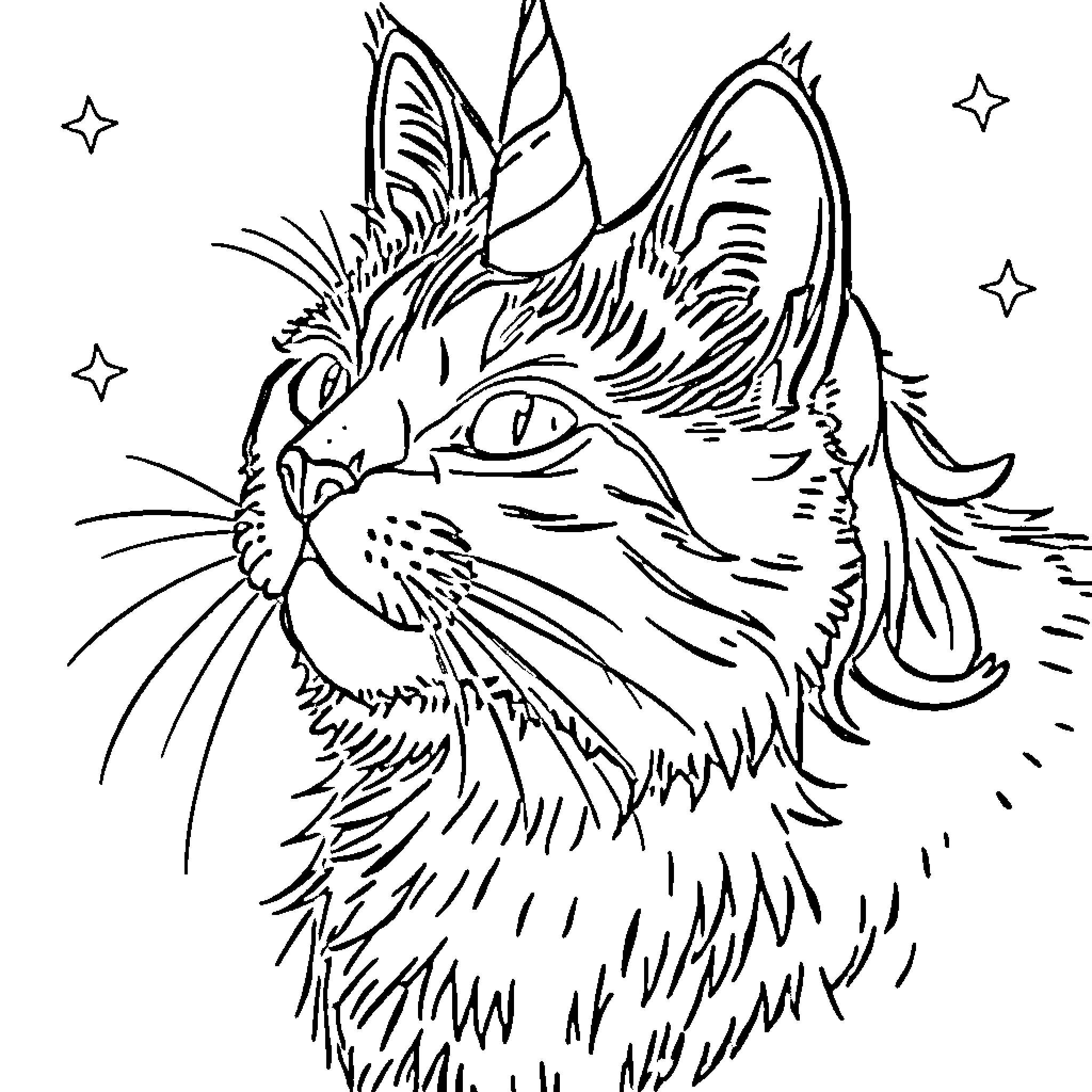 Unicorn Cat gazing curiously at shimmering stars Coloring Page (free black-and-white line drawing printable PDF for all, from beginners to advanced learners, including children, teens, adults, and seniors)