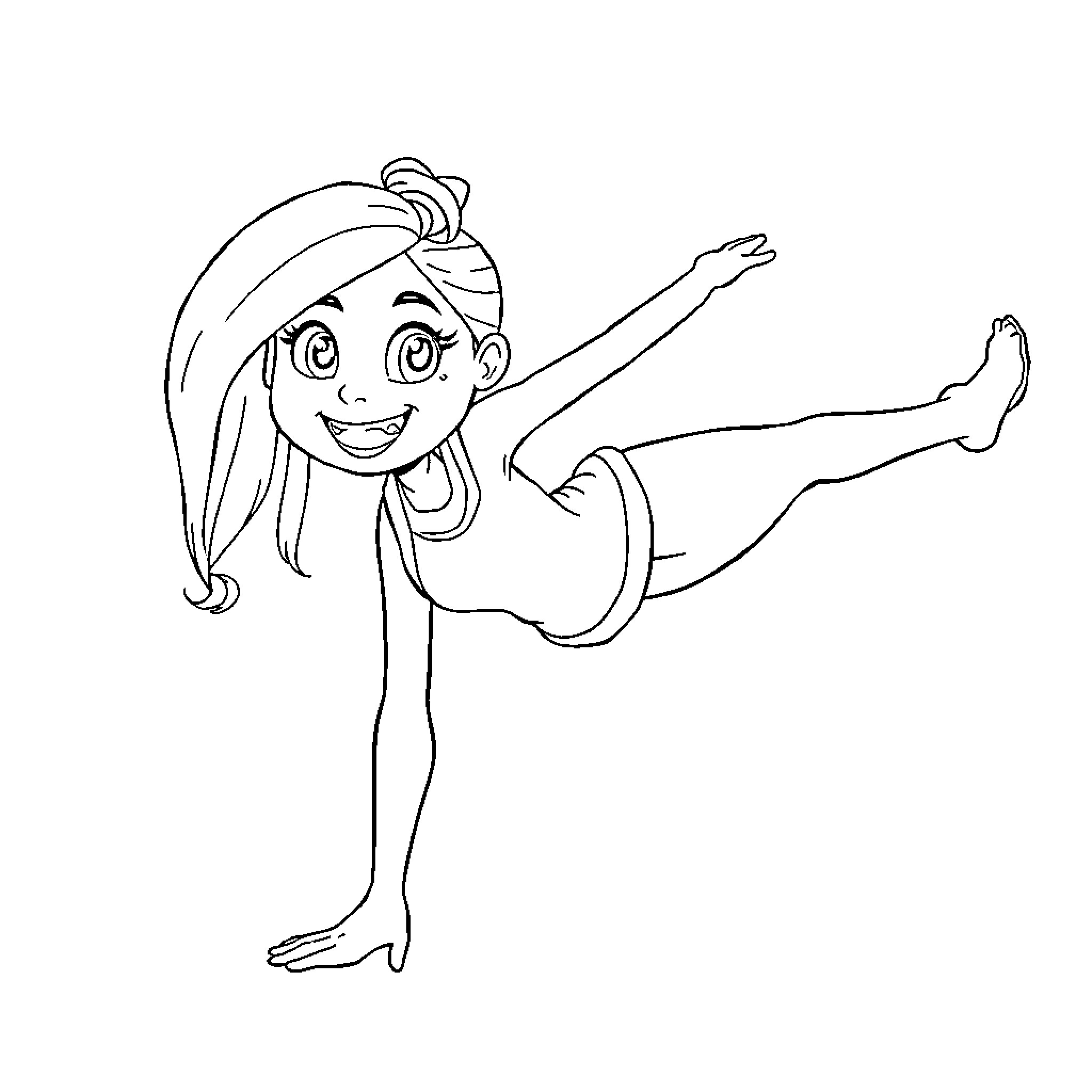 Kim Possible performing acrobatic poses Coloring Page (free black-and-white line drawing printable PDF for all, from beginners to advanced learners, including children, teens, adults, and seniors)