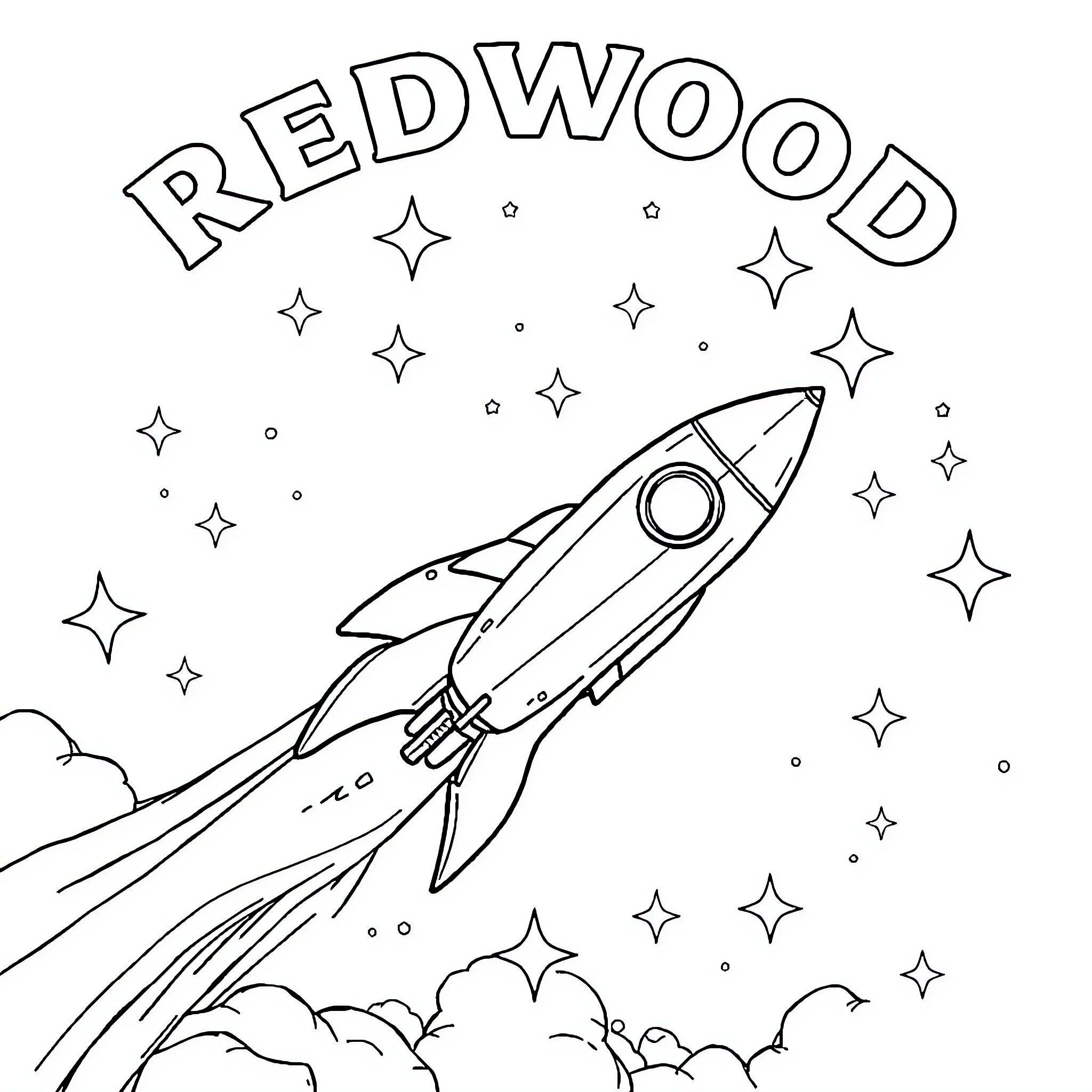 Rocket blasting off into the starry night sky Coloring Page (free black-and-white line drawing printable PDF for all, from beginners to advanced learners, including children, teens, adults, and seniors)