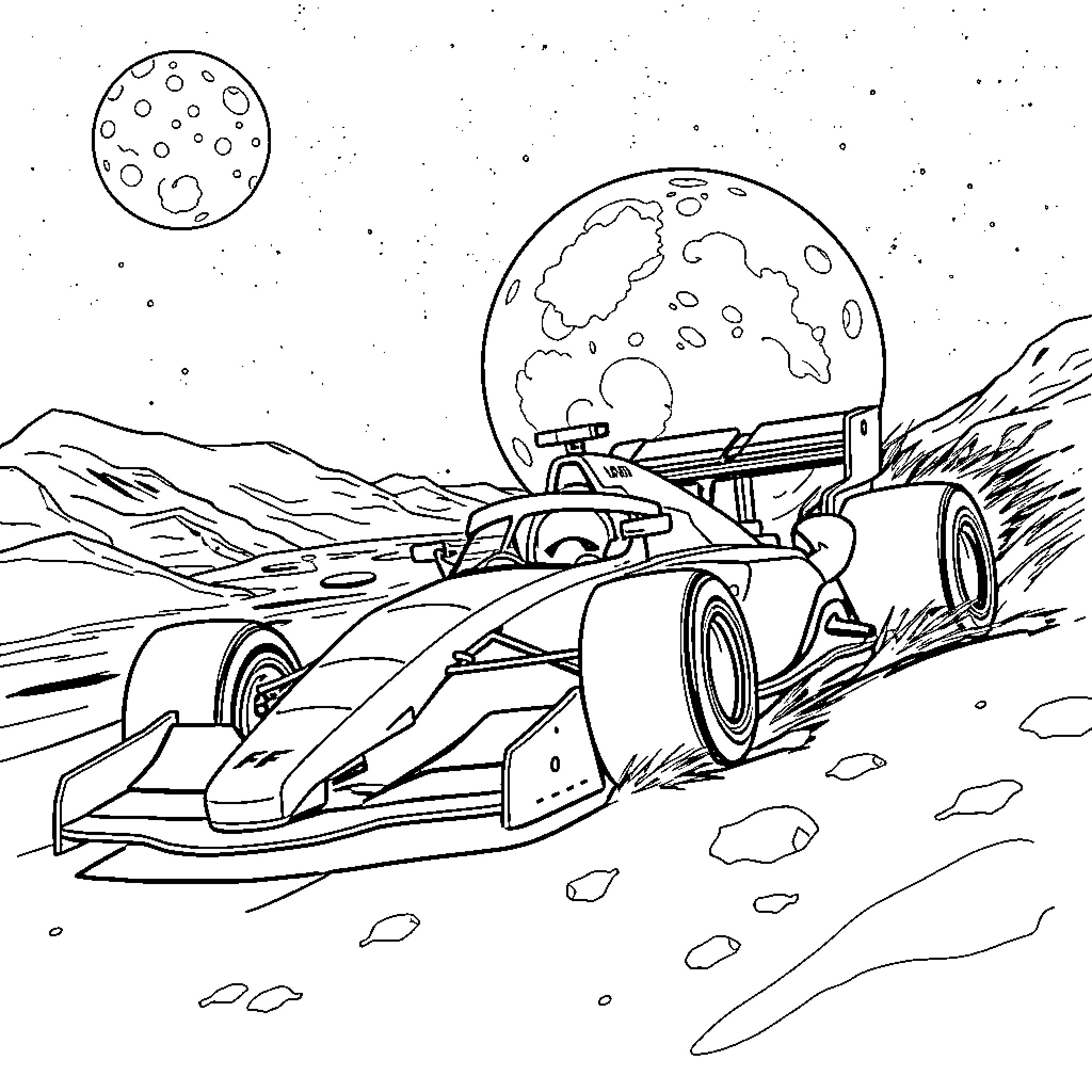 Formula 1 Car Racing in Outer Space Coloring Page (free black-and-white line drawing printable PDF for all, from beginners to advanced learners, including children, teens, adults, and seniors)