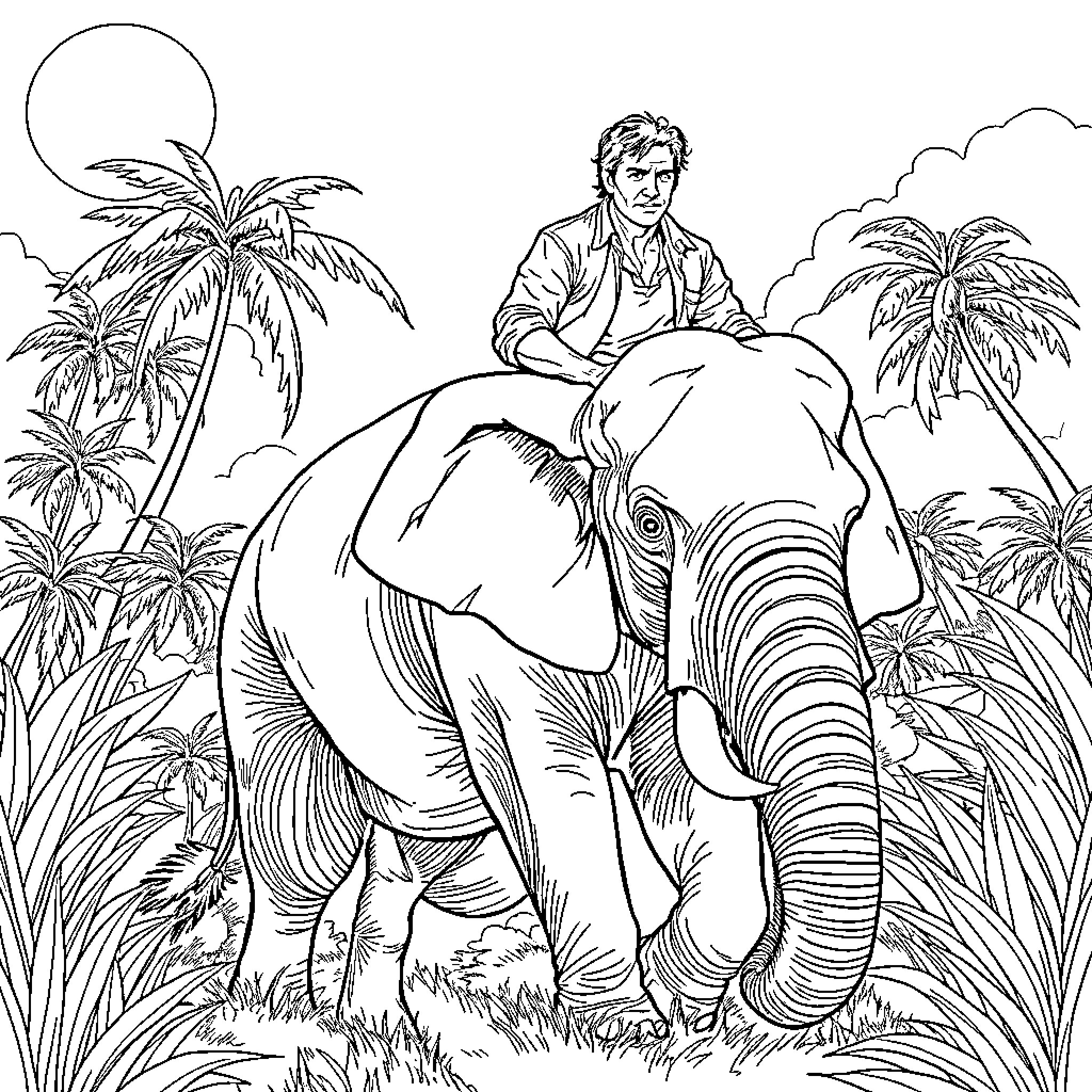 Elephant Riding with Explorer in Tropical Jungle Coloring Page (free black-and-white line drawing printable PDF for all, from beginners to advanced learners, including children, teens, adults, and seniors)