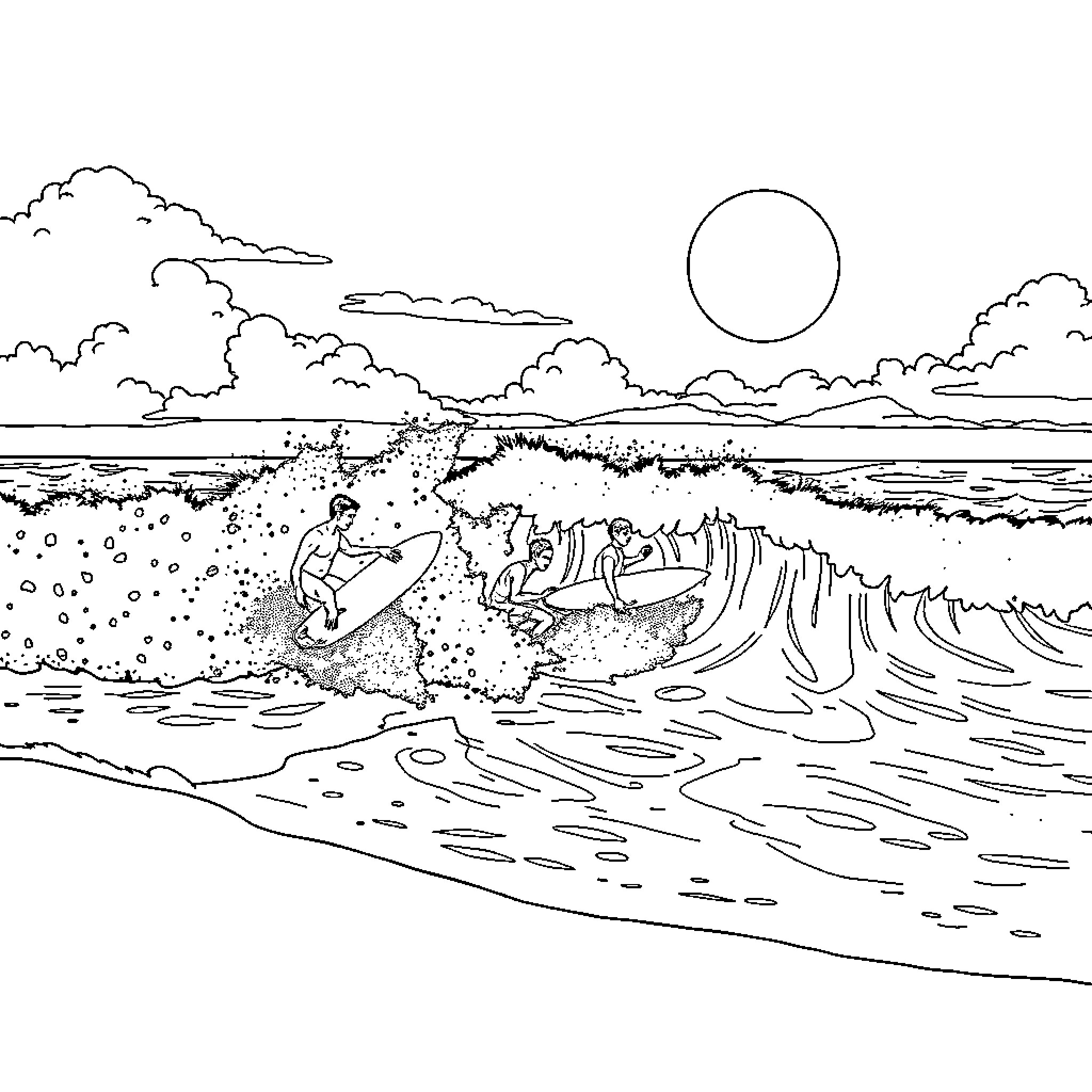Surfing the Crashing Waves under the Bright Sun Coloring Page (free black-and-white line drawing printable PDF for all, from beginners to advanced learners, including children, teens, adults, and seniors)