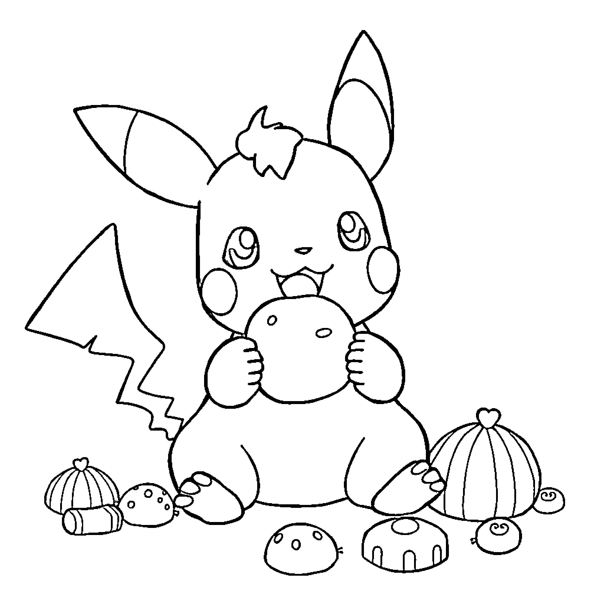 Pokémon character playing with toys Coloring Page (free black-and-white line drawing printable PDF for all, from beginners to advanced learners, including children, teens, adults, and seniors)