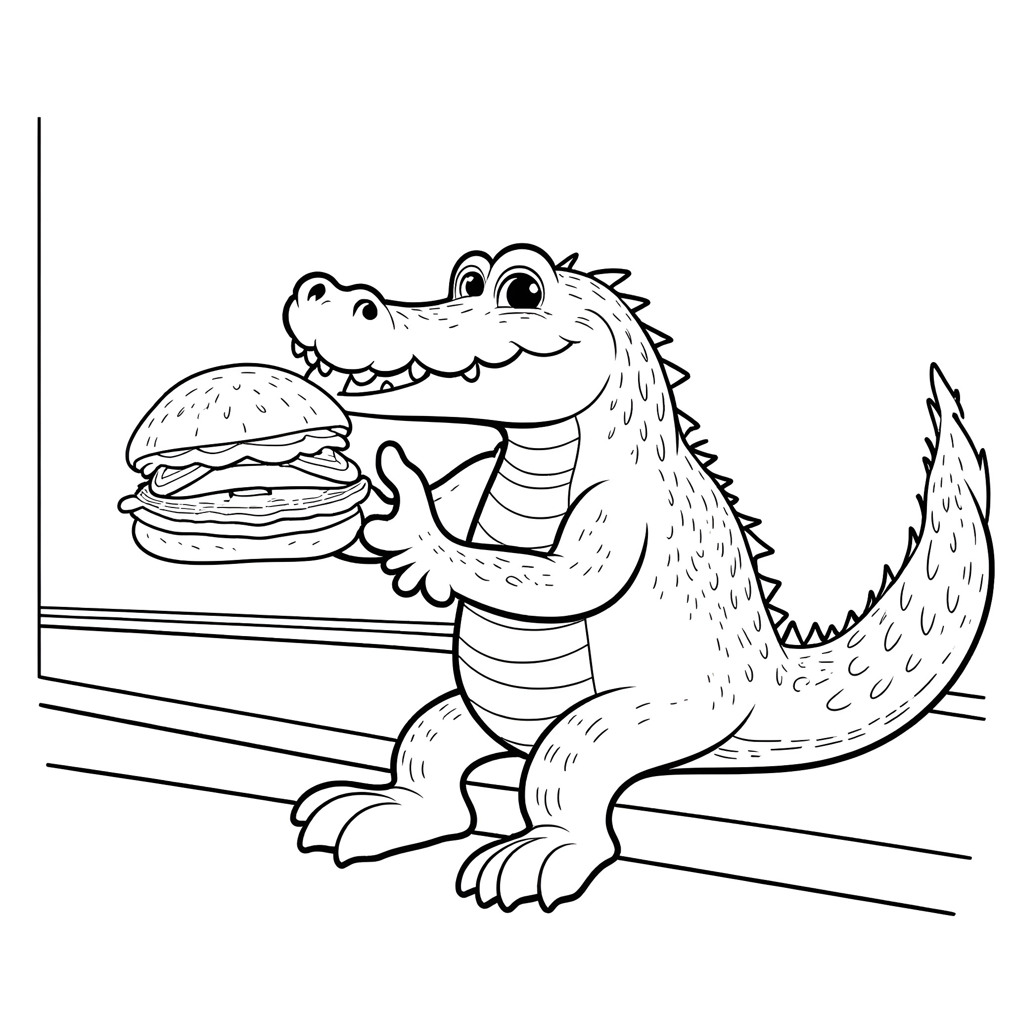 Crocodile eating a burger happily Coloring Page (free black-and-white line drawing printable PDF for all, from beginners to advanced learners, including children, teens, adults, and seniors)